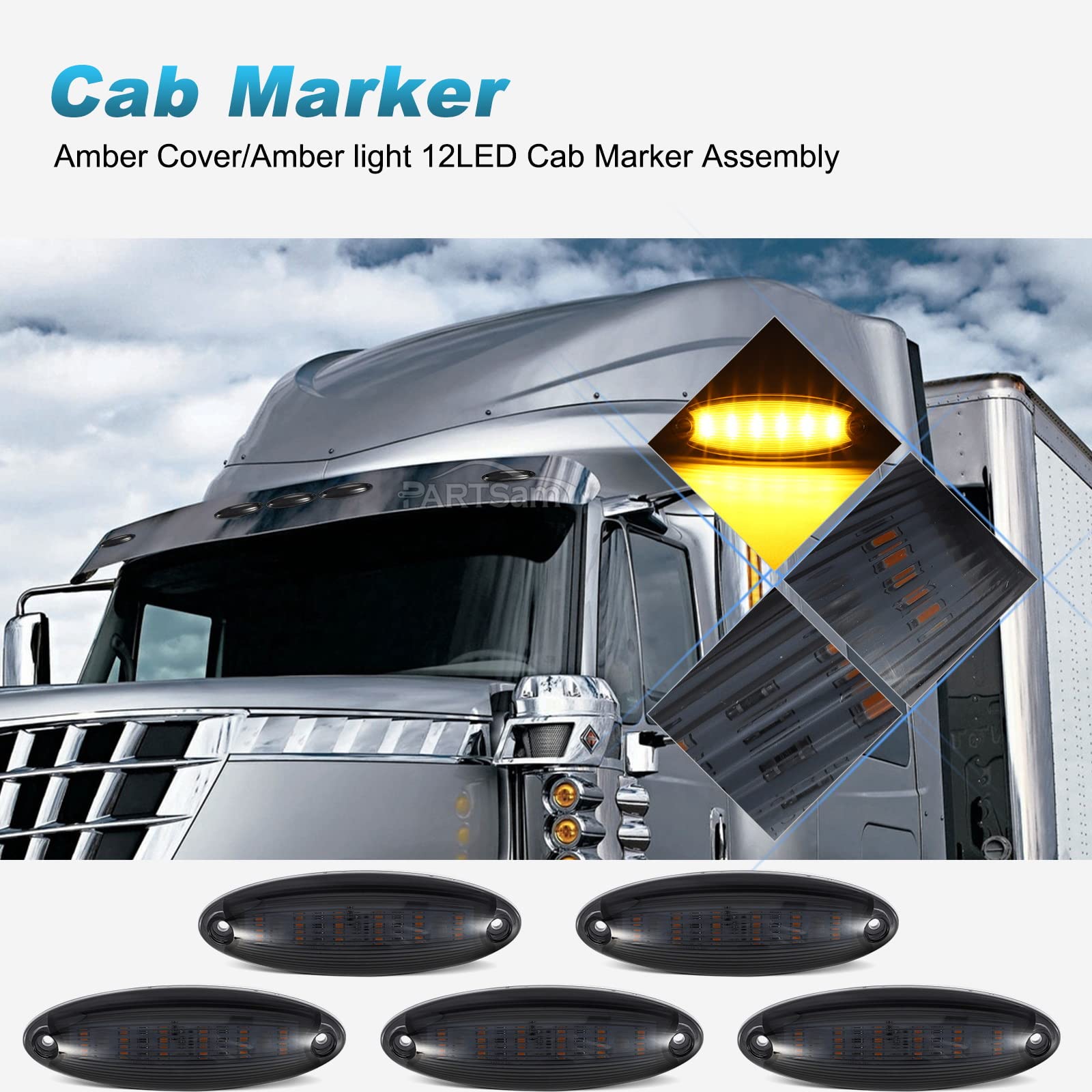 Partsam 5pcs Smoke Lens Yellow LED Cab Marker Lights for Freightliner Cascadia, Polycarbonate, Medium Size