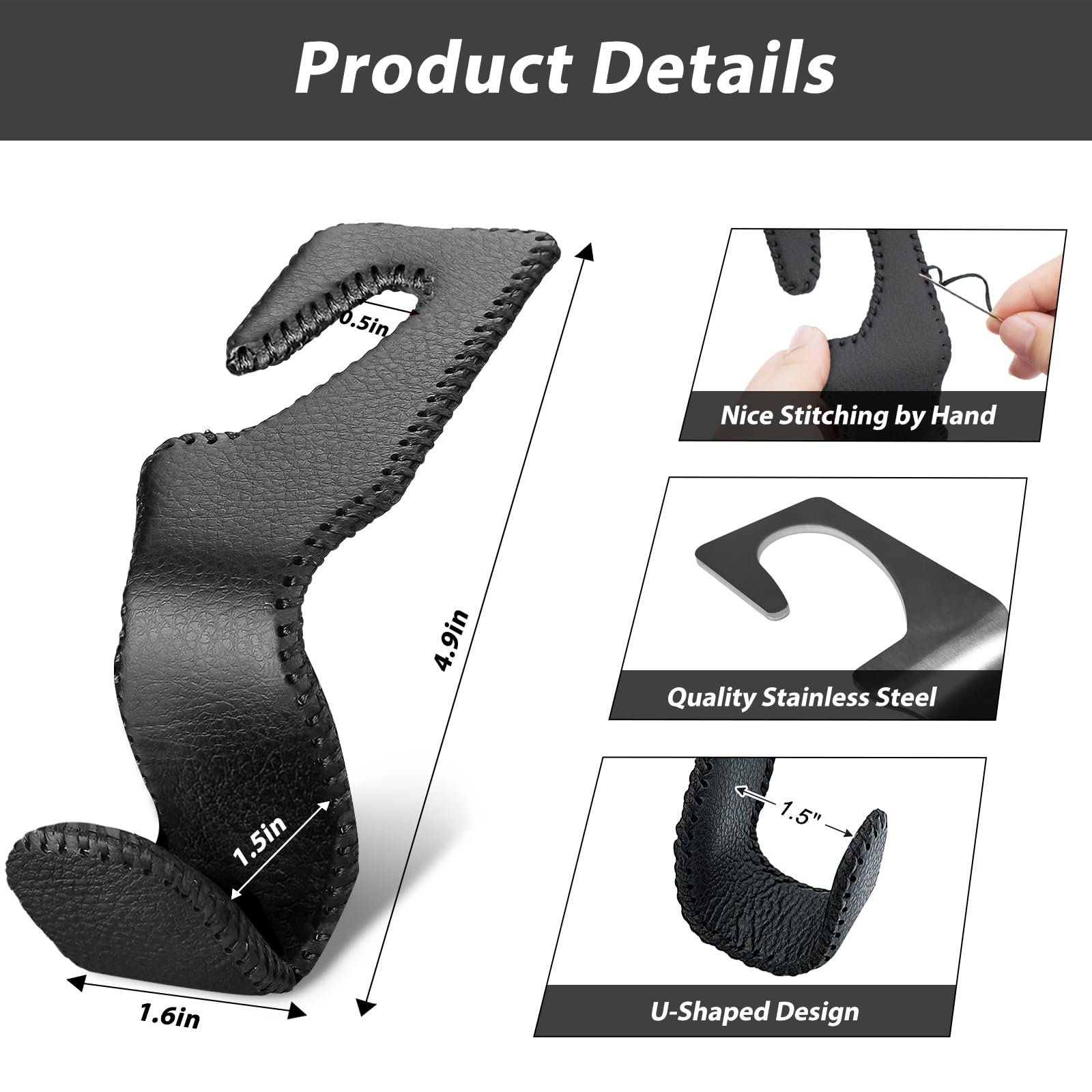 Etre Jeune Purse Hook For Car, Car Purse Holder Headrest Hook Vehicle Leather Storage Hook For Hanging Purses And Bags, 2 Pack Black