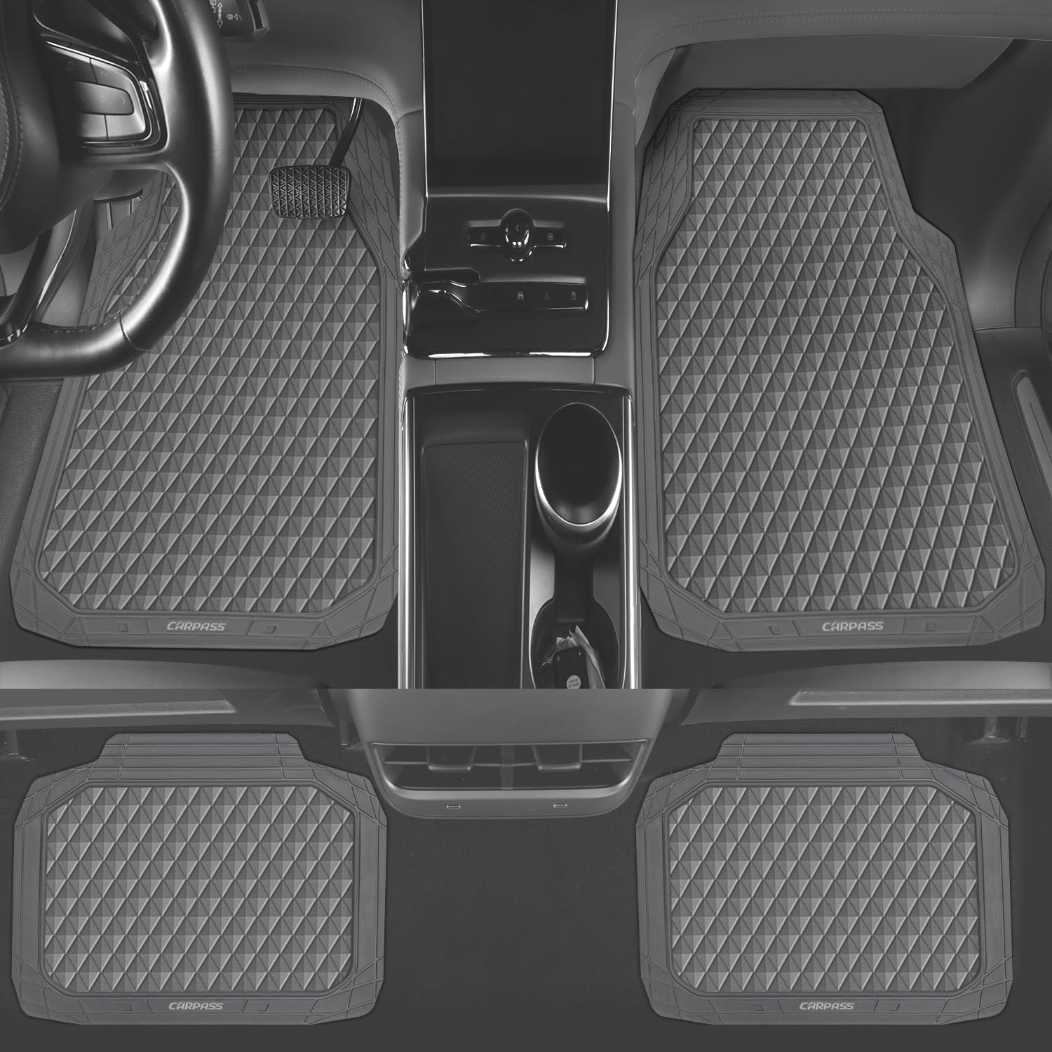 CAR PASS Gray Rubber Car Floor Mats & Cargo Liners, Durable Anti-Slip 3D Rhombus Waterproof Automotive Pad Trim Fit Liner All-We