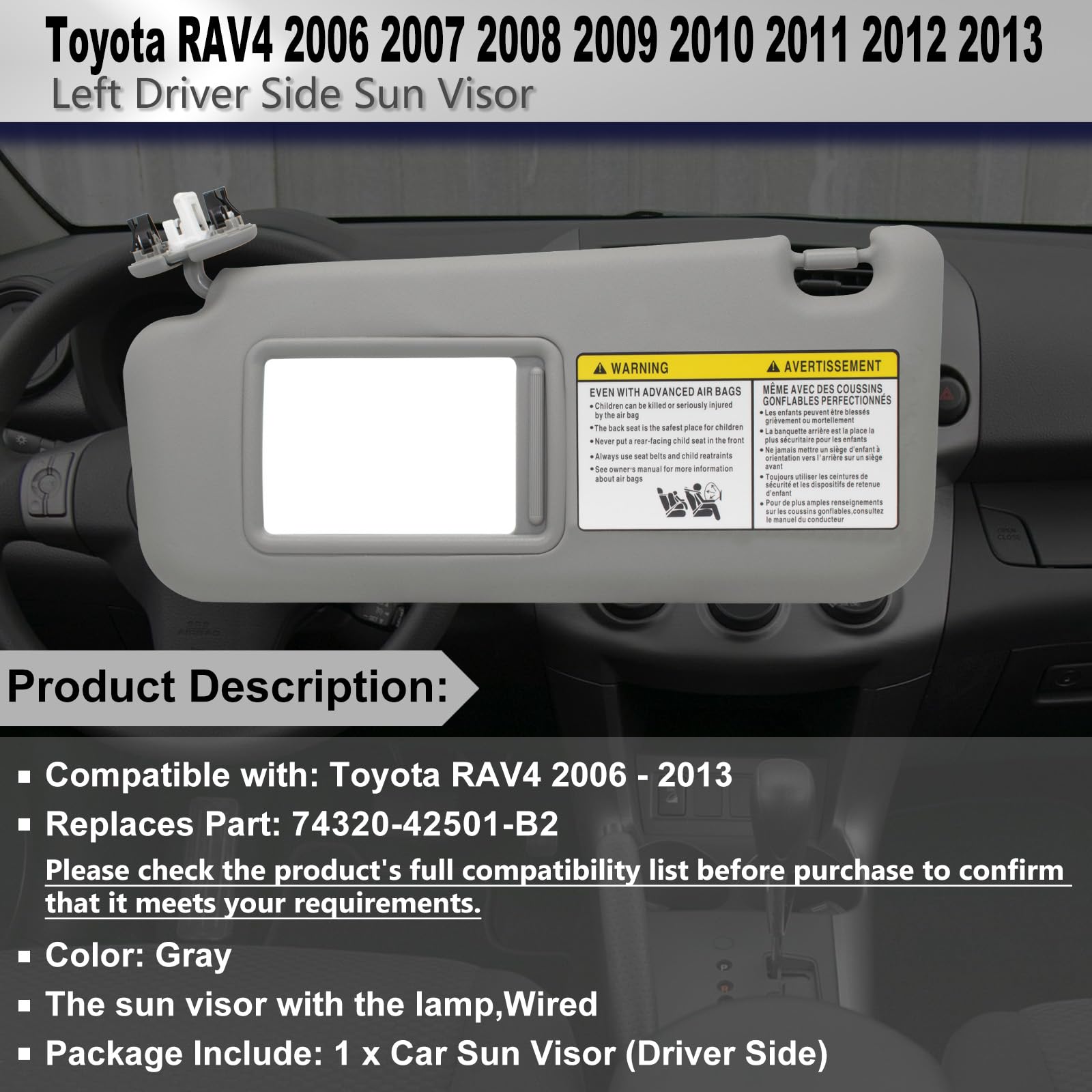 Driver Left Side Sun Visor Compatible With Toyota Rav4 2006 2007 2008 2009 2010 2011 2012 2013 With Light Replace 74320-42501-B2