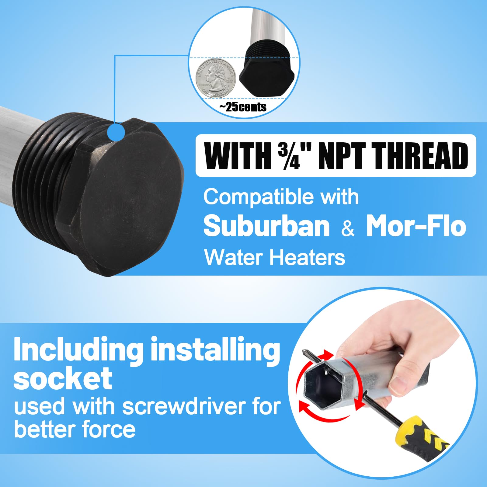 Pamase 5Pcs Rv Water Heater Anode Rod & Flush Wand & Element Socket Set - 9.25 ''L X 3/4 ''Npt Thread Magnesium Rod For Suburban