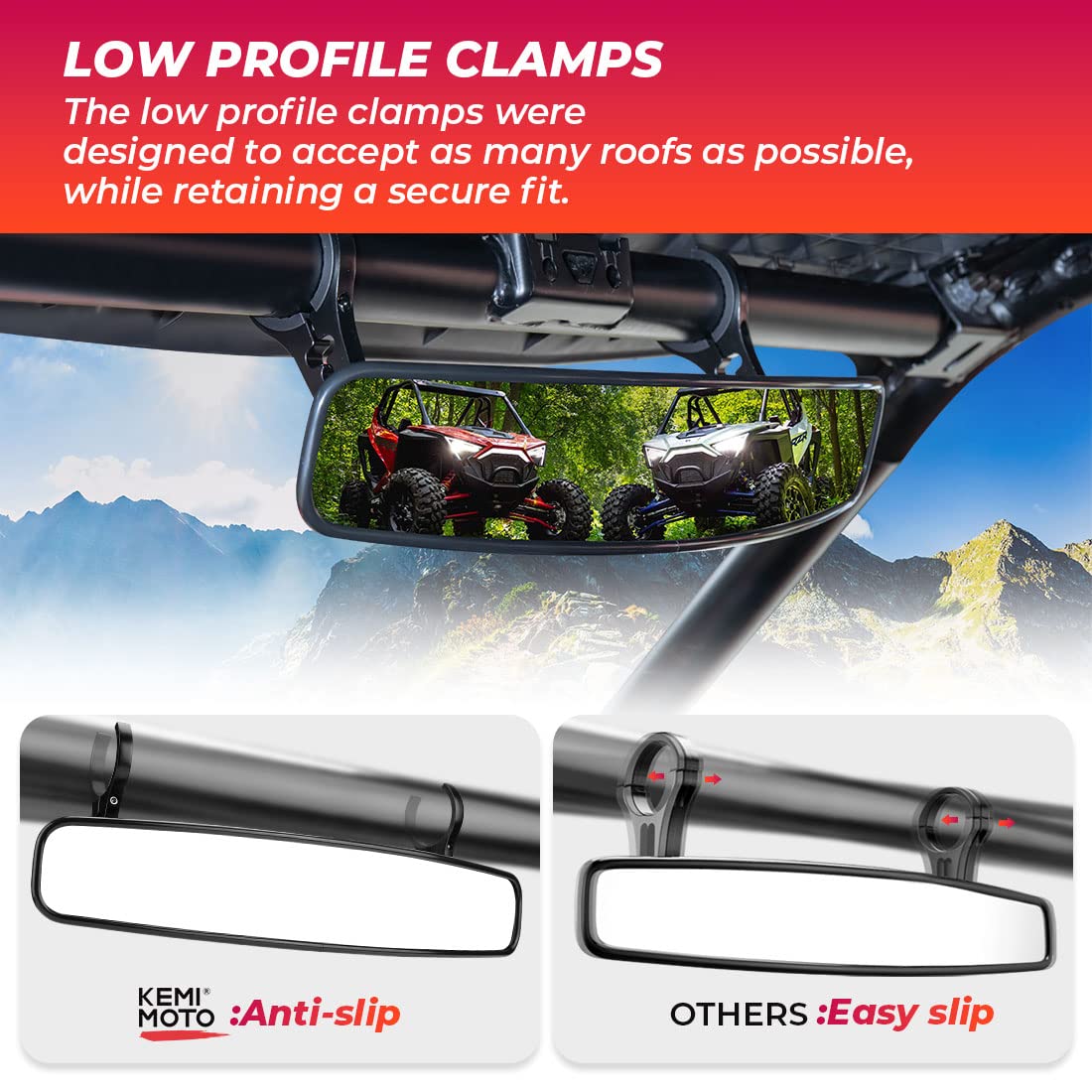 Kemimoto 17 Utv Rear View Center Mirror, Utv Race Mirror With 3/4 1.75 Or 2 Clamps Compatible With Polaris Rzr, Pioneer, Can-Am Commander Maverick, Talon 1000R 1000X, Mule