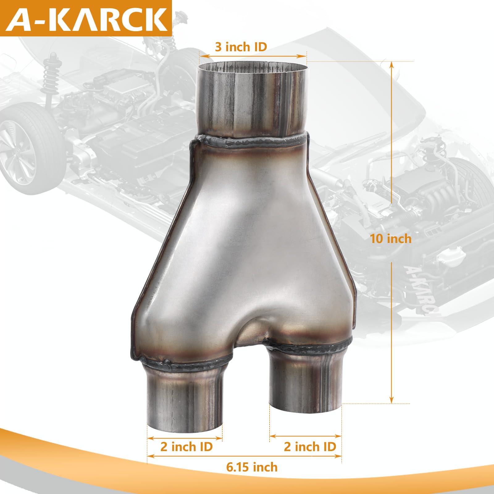 A-Karck Exhaust Y Pipe 3'' Inlet, Stainless Steel 2'' Outlet 10'' Long Y Pipe Withstands High Temperatures