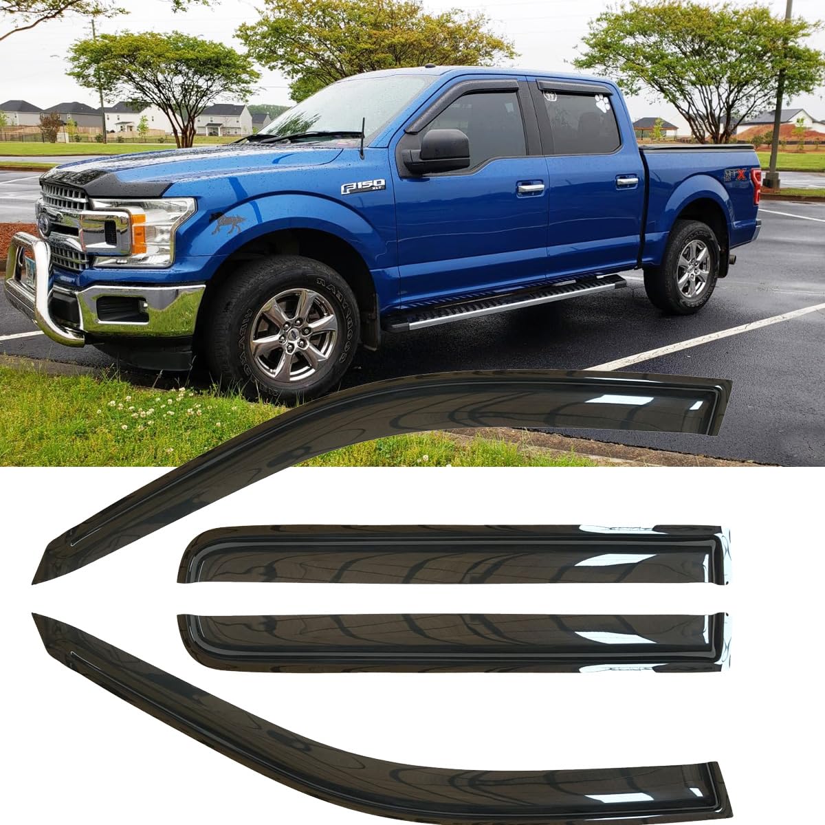 Deebior 4Pcs Shatterproof Rainproof Sun Rain Guards Shield Side Window Wind Deflectors Dark Smoke Vent Window Visors For F-150 0