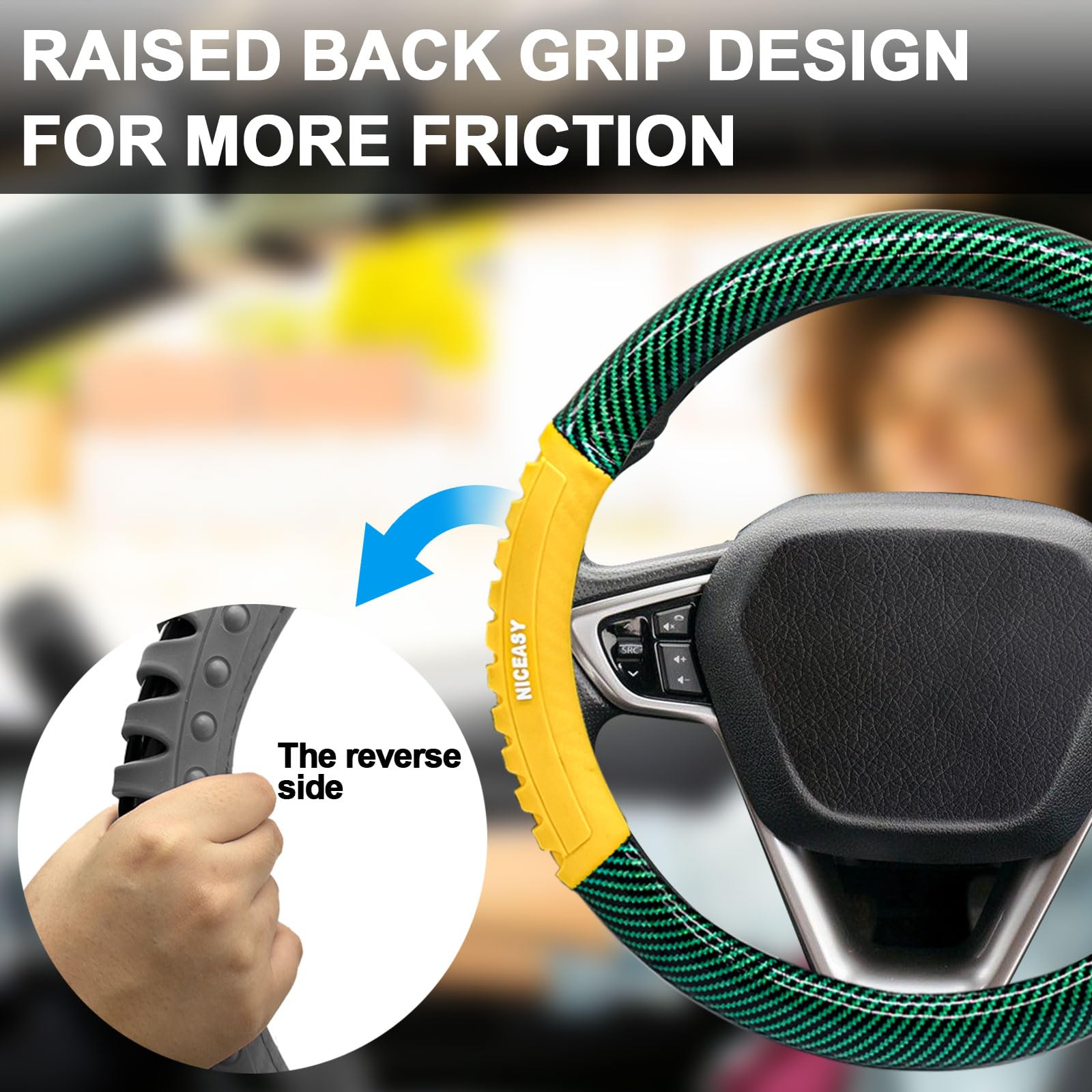 NICEASY Sport Style Green PU Leather Steering Wheel Cover with Yellow Sport Grip Anti-Slip Breathable Steering Wheel Accessory U