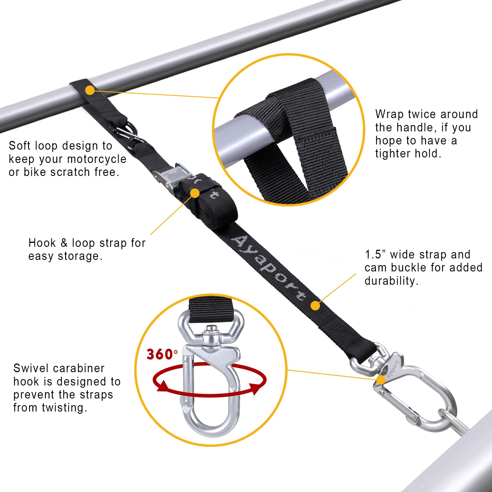 Ayaport Motorcycle Tie Down Straps 1.5    X 8 (With Swivel Carabiner Hooks) Cam Buckle Tie Downs, Handlebar Strap For Dirt Bike,