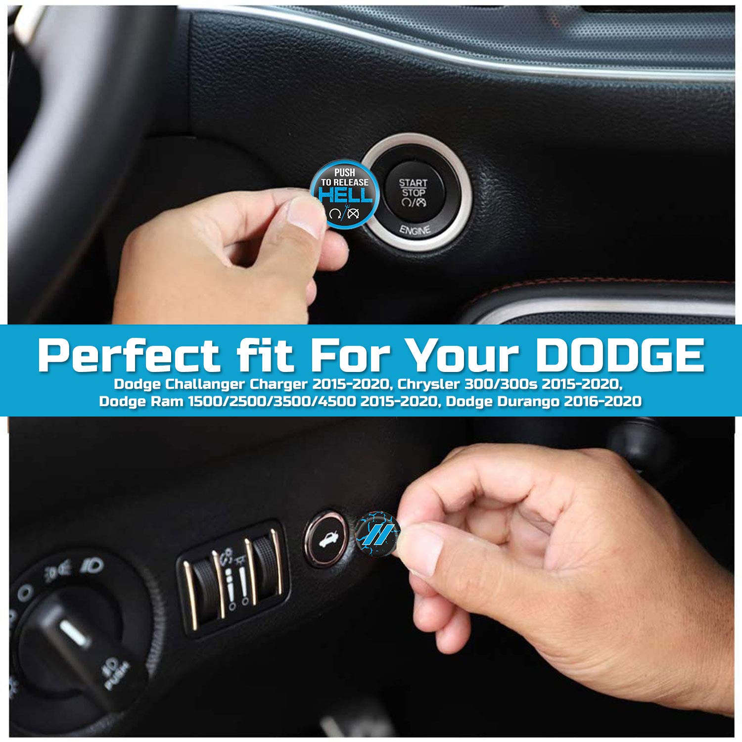 Toolepic For Dodge Ram 1500 Challenger Charger Durango Accessories 2015-2024 - Engine Start Stop Button Overlay Baby Blue Sticker Emblem - Push To Release Hell Badge Unique Style - Perfect For Decals