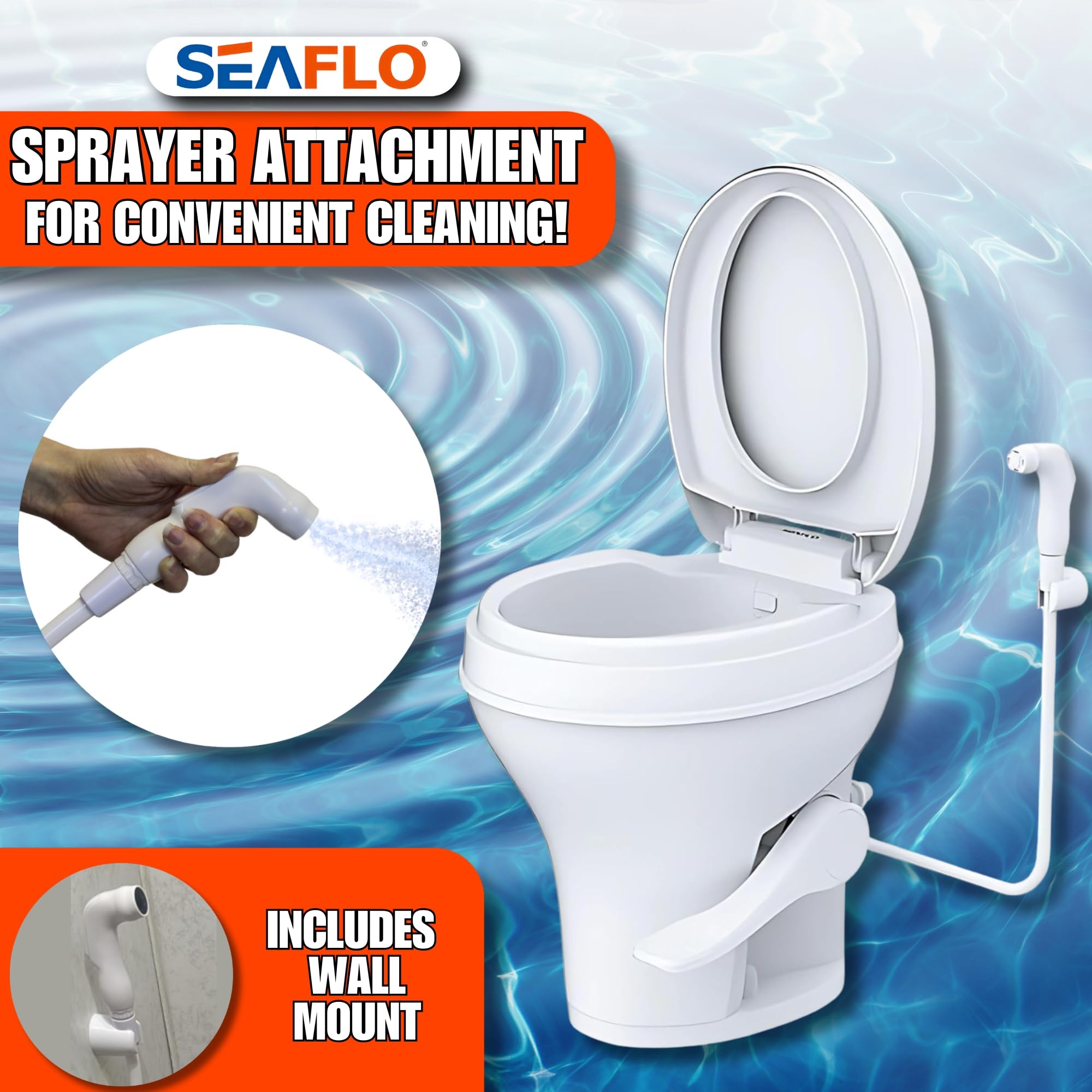 Seaflo Rv Toilet - Standard Height, Gravity Flush, Foot Pedal, Soft Close Lid With Sprayer Attachment