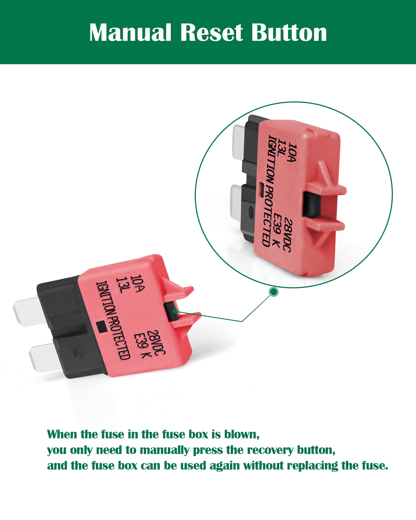 Lenkrad 10 Amp Resettable Fuse Breaker Fuse Low Profile Atc/Ato 10A Manual Reset Fuses 12V-32V Dc, 5 Packs