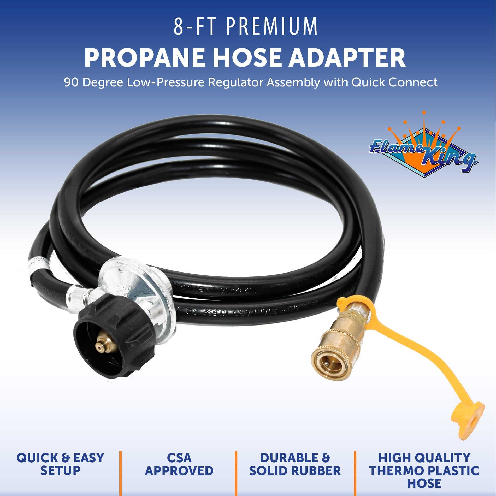 Flame King 90 Degree Low-Pressure Propane Gas Regulator Hose With Quick Connect For Rvs, Grills, Heaters, Burners, 8 Feet - Lprh8