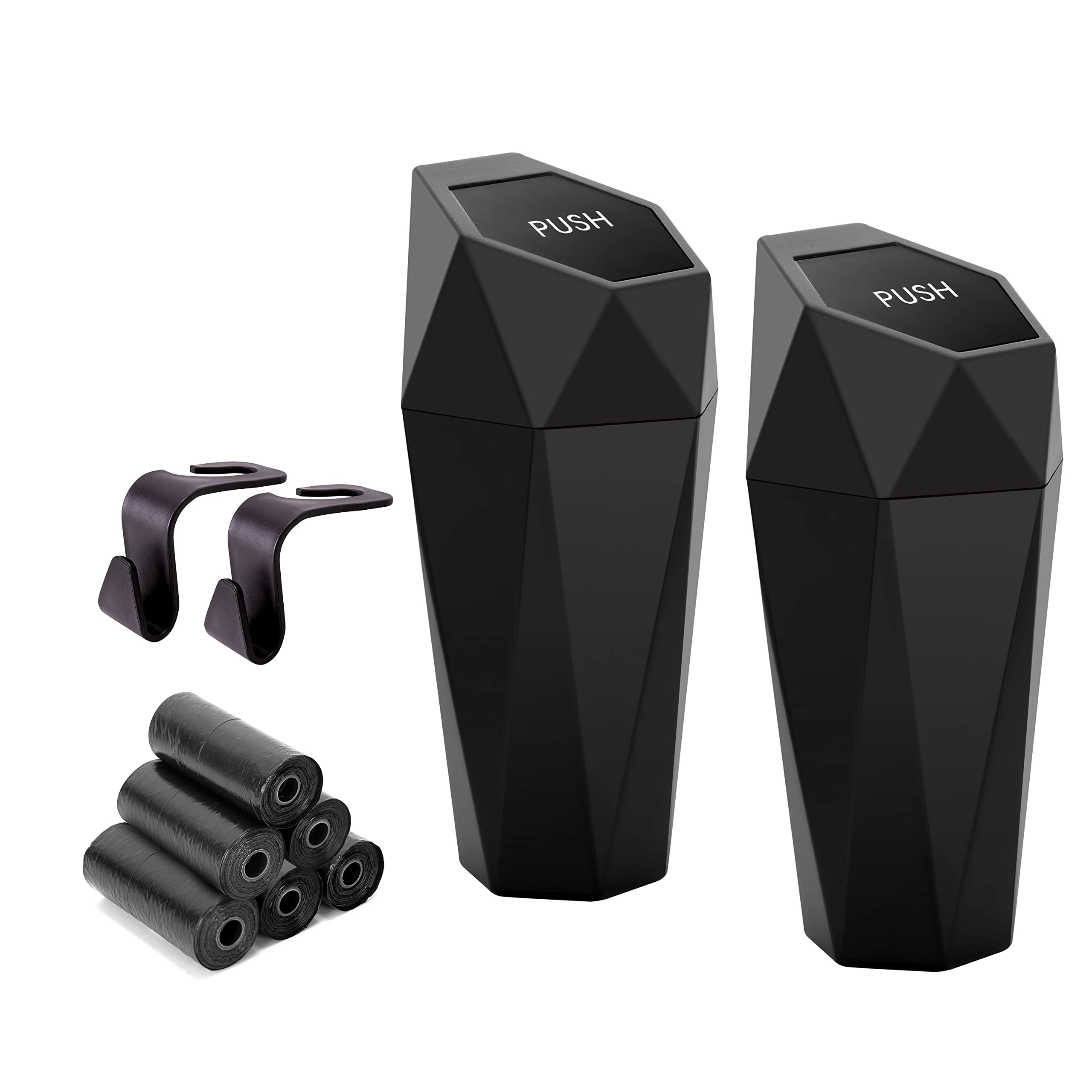 Ginsco Car Cup Holder Trash Can, Leakproof Mini Trash With Lid And 90 Bags, 2 Pack For Car And Home With 2 Abs Hooks, Black