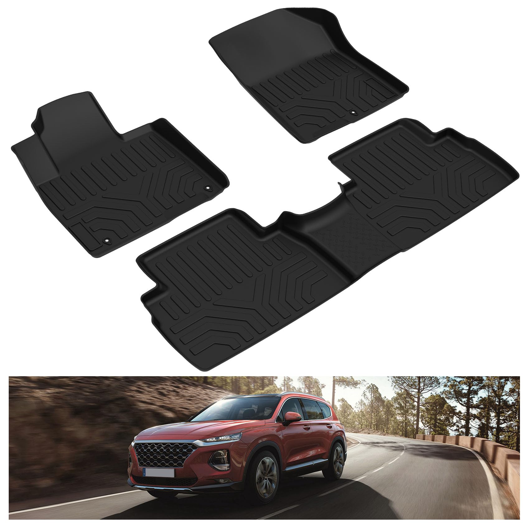 Kiwi Master Floor Mats For 2019 2020 Hyundai Santa Fe All Weather Mat Liners Front Rear 2 Row Seat Tpe Slush Liner Black