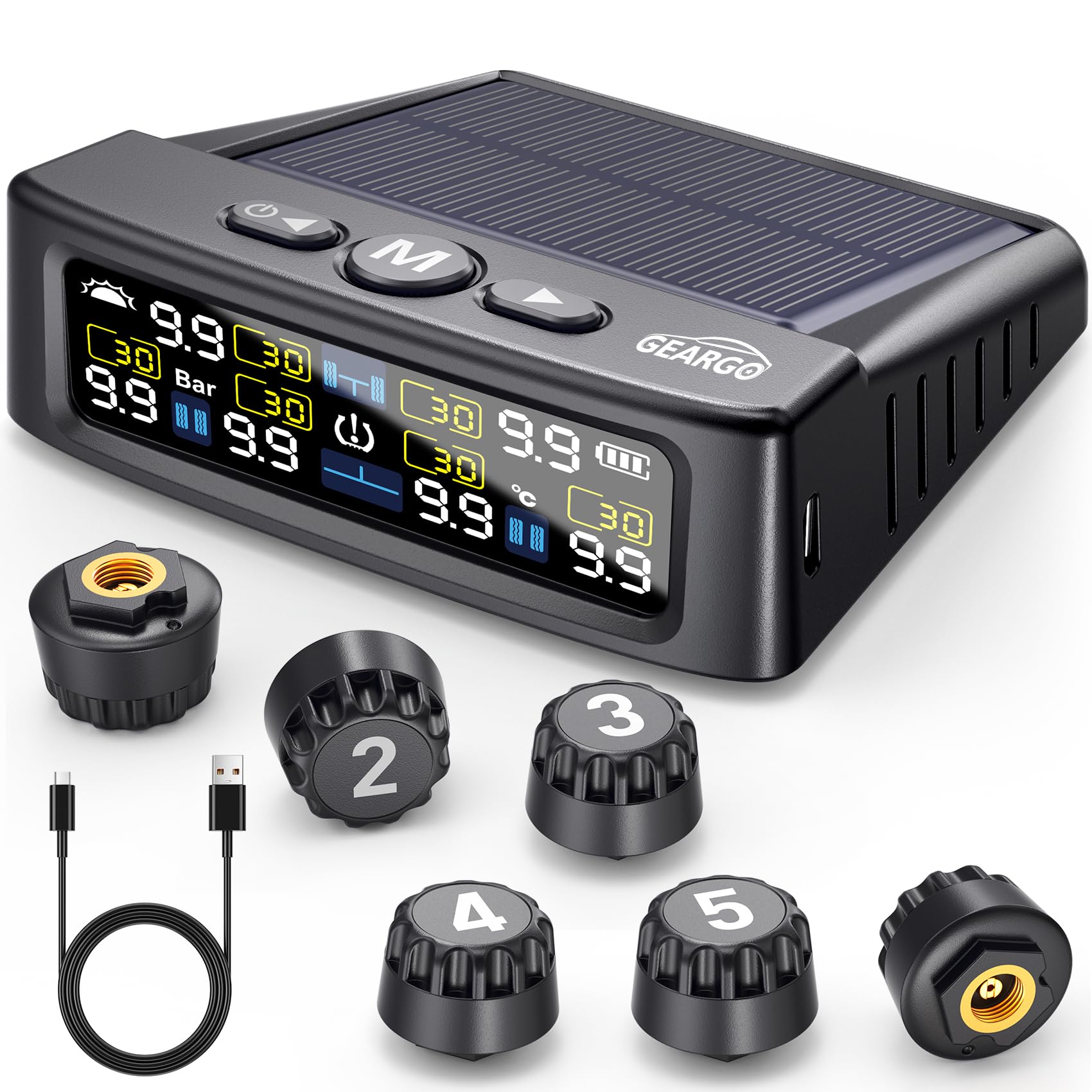 GEARGO RV Tire Pressure Monitoring System, Tire Pressure Monitor with Solar Charge, TPMS with 6 Sensors & 6 Alarm Modes,2025 Upd