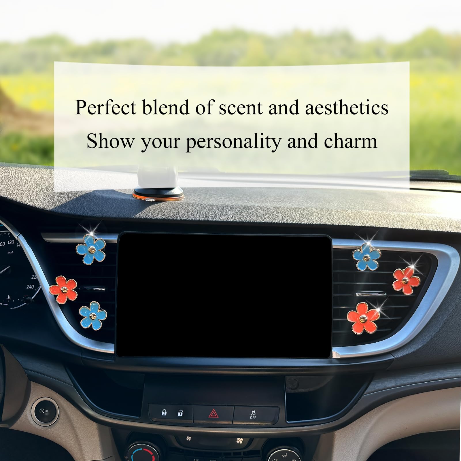 ORIESSE Flower Car Air Freshener Clips, 6pcs Refillable Diffuser Set, Blue Orange Daisy, 3.3cm/3cm, Car Accessories for Women