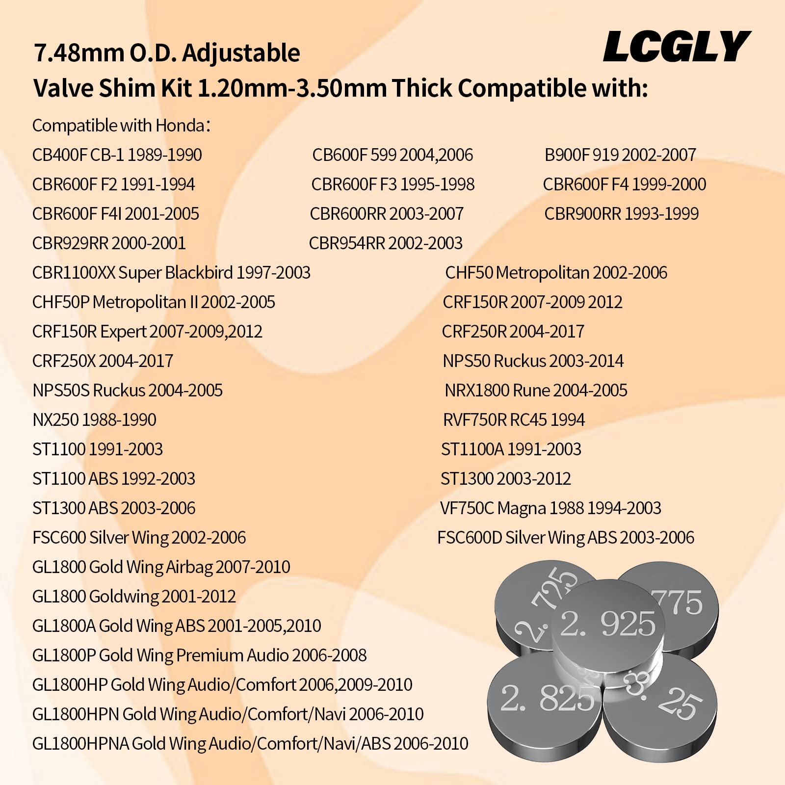 Lcgly 7.48Mm O.D. Adjustable Valve Shim Kit 1.20Mm-3.50Mm Thick Fit For Yamaha Yz250F 2001-2012/Kawasaki Klx300R 1997-2005 Kx250F 2004-2012 Ninja Zx-7R 1991-2003/Suzuki Gsx-R750 1993-2011(47Pcs)