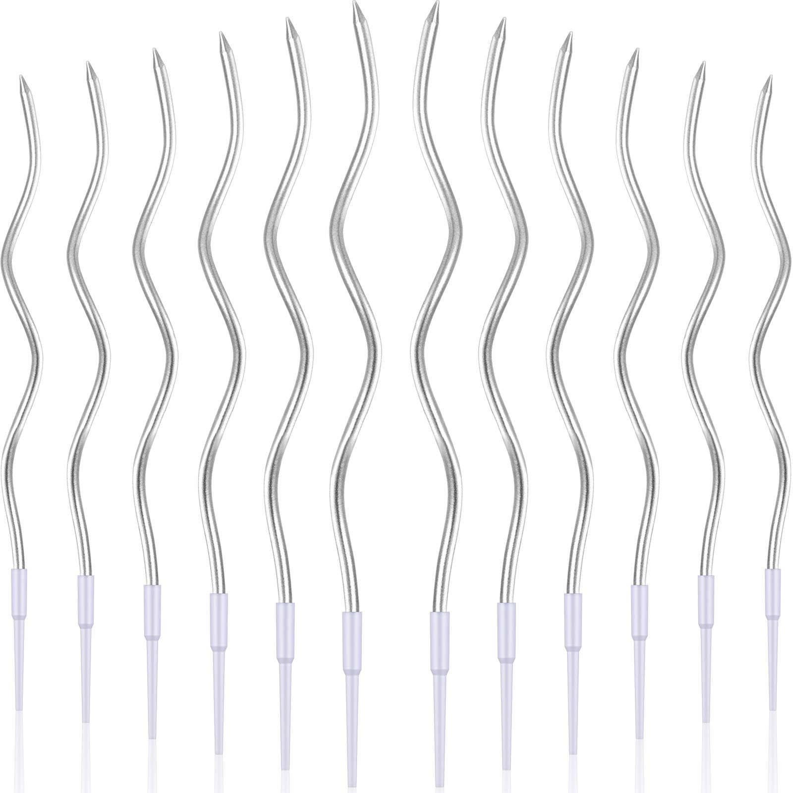 12 Twisted Birthday Candles Spiral Cake Candles Metallic Cupcake Cake Candles Thin Long Cake Candles With Holders (Silver)