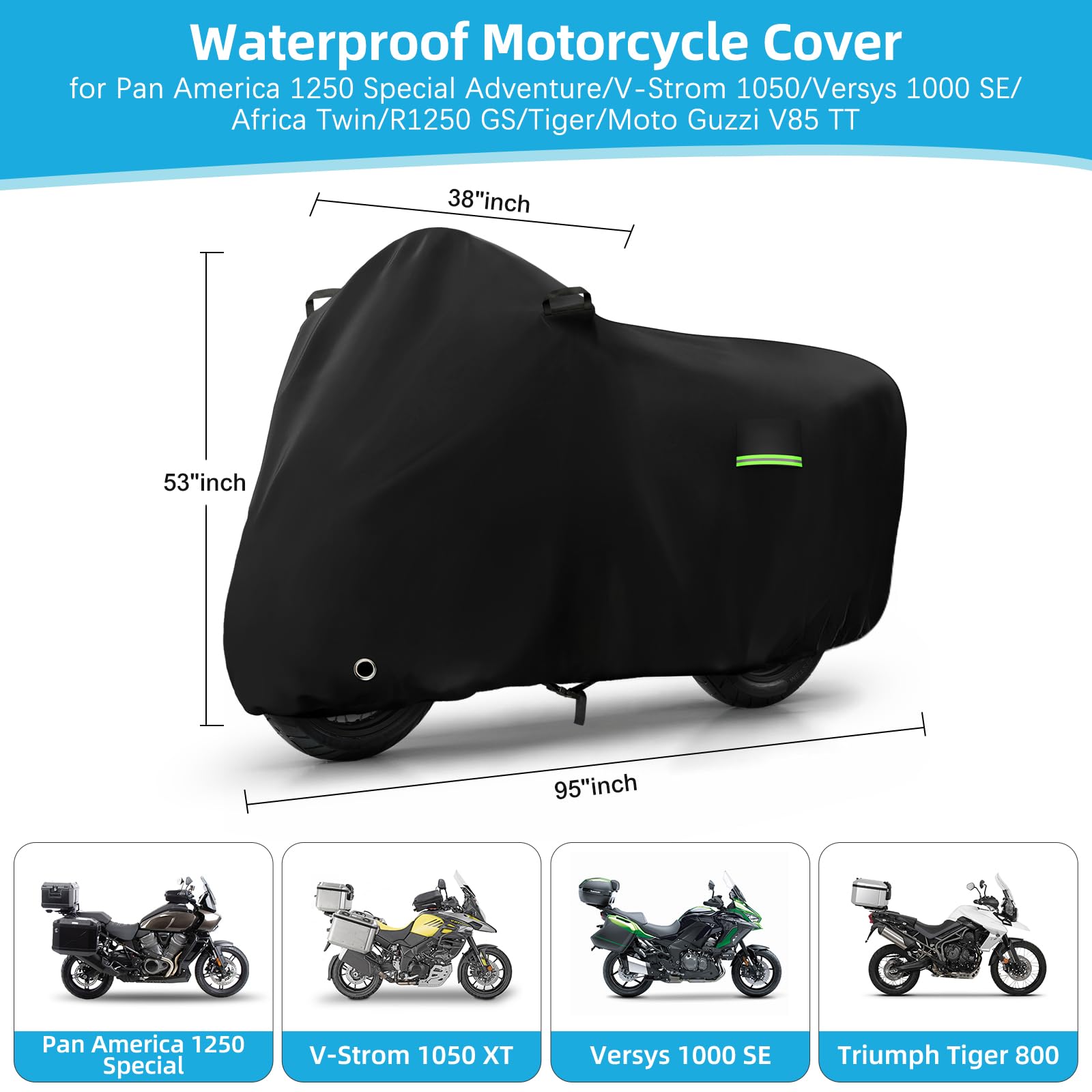Motorcycle Cover Waterproof for Pan America 1250 Special Adventure/V-Strom 1050/Versys 1000 SE/Tiger, Heavy Duty Sun UV Dust Rai