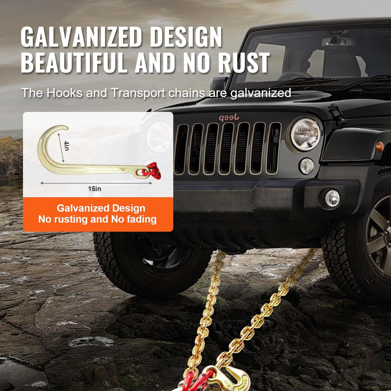 VEVOR G80 V Bridle Chain, 5/16'' x 2' Towing Chain Bridle with 15'' J Hooks and Grab Hooks, Heavy Duty Transport Tow Chain Bridl