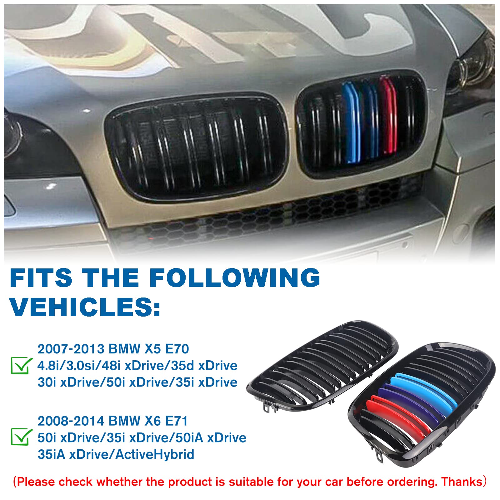 BILLDIO Grill Gloss Black M Color Compatible with 2007-2014 BMW X5 E70 X6 E71 Front Kidney Grille ABS with Double Slats