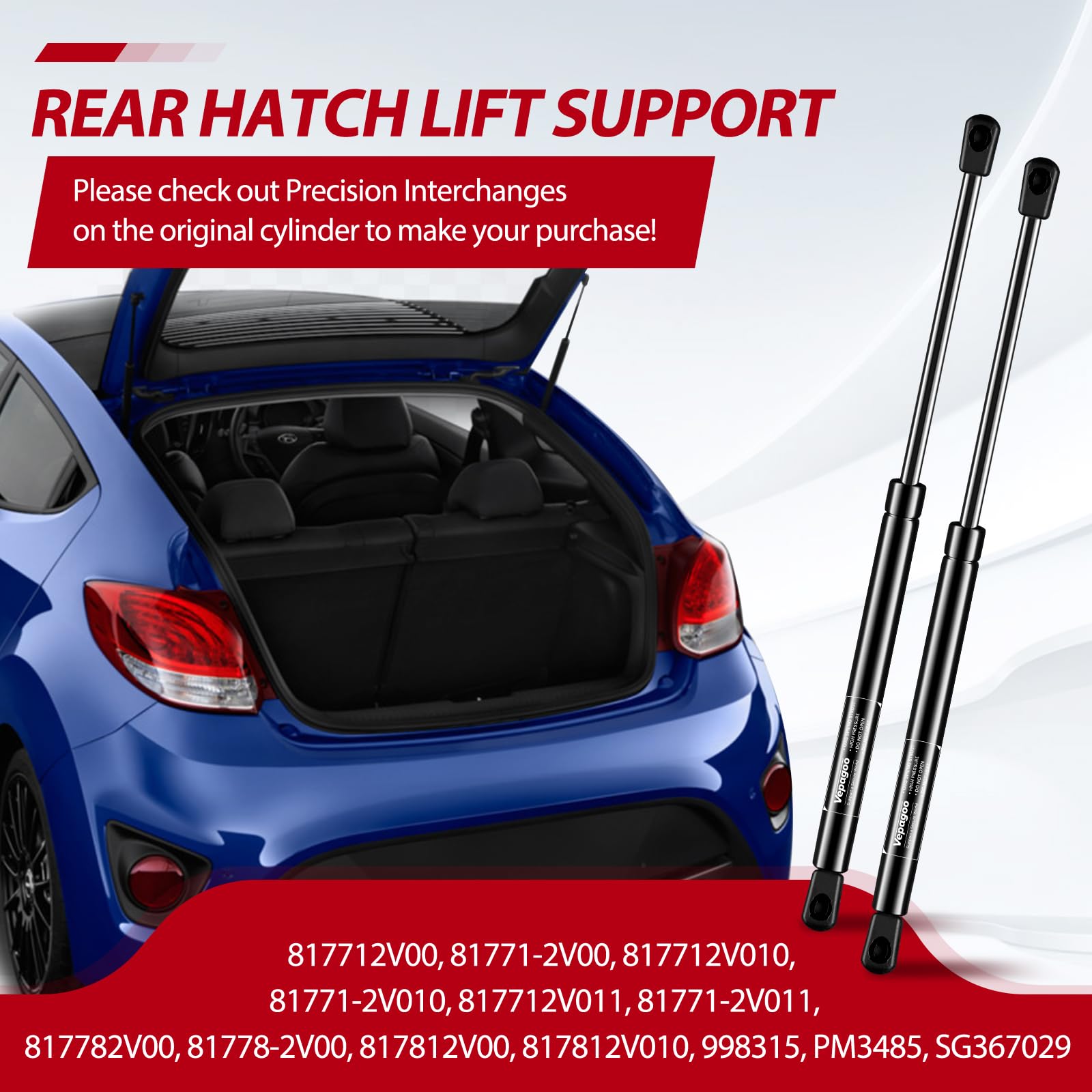 Vepagoo Pm3485 Rear Trunk Hatchback Struts Compatible With 2012-2017 Hyundai Veloster Shocks Liftgate Supports (3-Door Hatch-Wit