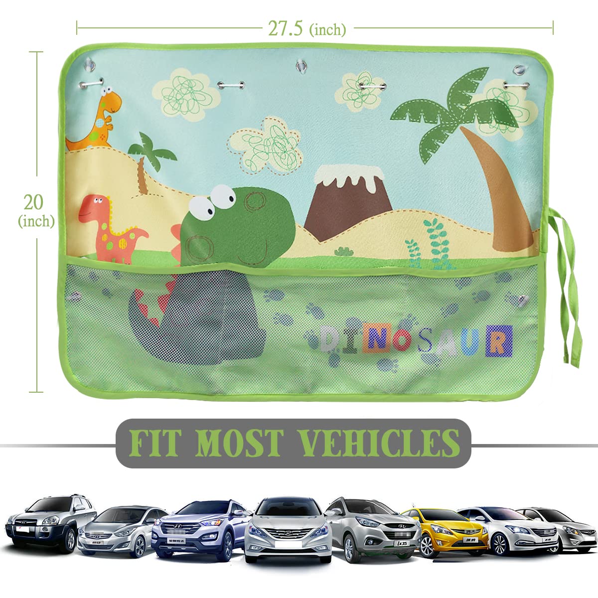 Diza100 Car Window Shade For Baby, 2 Pack Car Sun Shades With Storage Pockets Car Window Curtain 7 Suction Cups Dinosaurs Patter