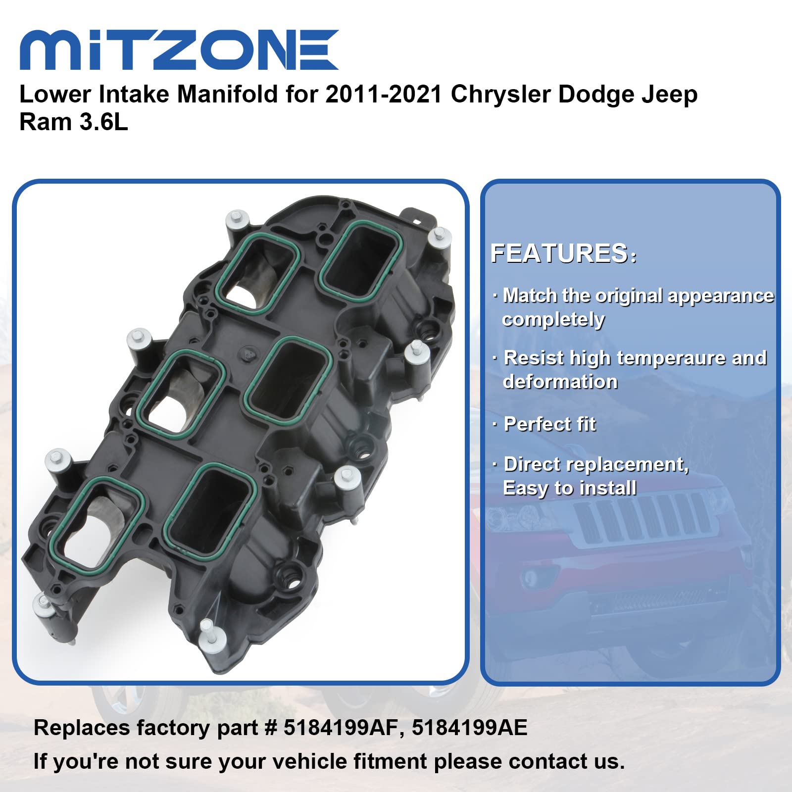 Mitzone Intake Manifold With Gasket Compatible With 2011-2018 Jeep Dodge Ram Chevy 3.6L V6 Vehicles Grand Cherokee Wrangler Journey Grand Caravan Town Country Replace 05184199Af