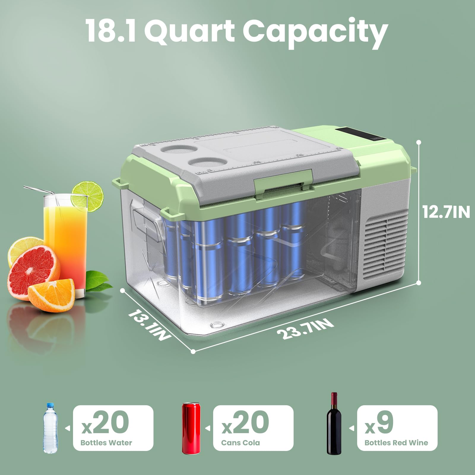 Bodegacooler 12 Volt Car Refrigerator, 18.1 Quart Portable Freezer,-4?-68? Car Fridge, Electric Cooler 12/24V Dc100-240 Volt Ac