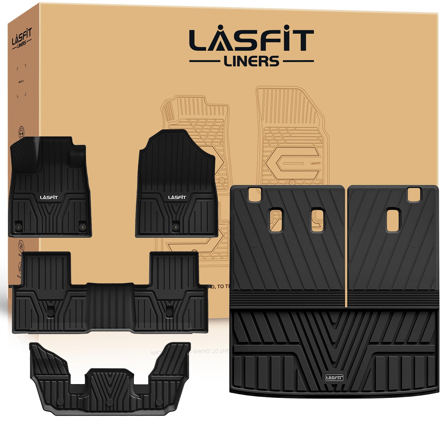 Lasfit Floor Mats & Trunk Mat With Backrest Mat For Honda Pilot 2023-2025, All Weather Tpe Floor Liners 1St & 2Nd & 3Rd Row & Ca