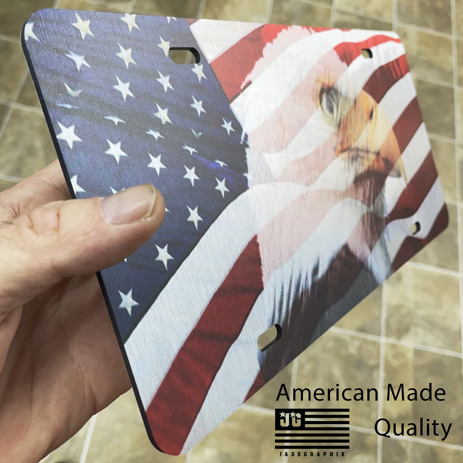 American Flag License Plate On 1/8 Brushed Aluminum Composite Heavy Duty Patriot Usa Car Tag Eagle Edition