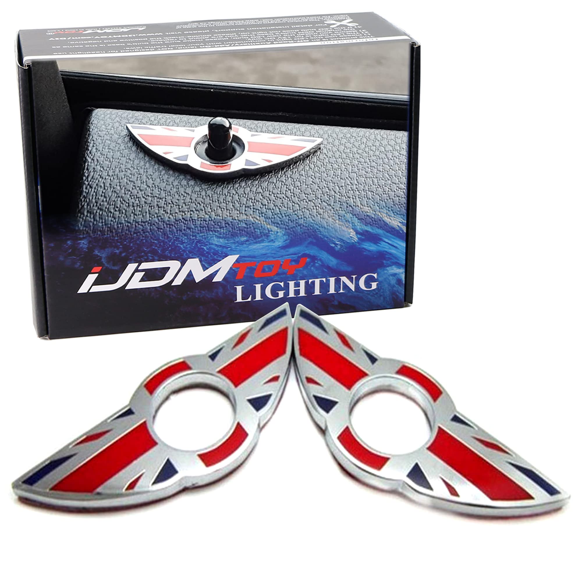 iJDMTOY (2) Union Jack Style Wing Emblem Rings Compatible with Mini Cooper R55 R56 R57 R58 R59 Door Lock Knobs, Red/Blue UK Flag Design (Does not fit R60 R61 nor F55 F56 Models)