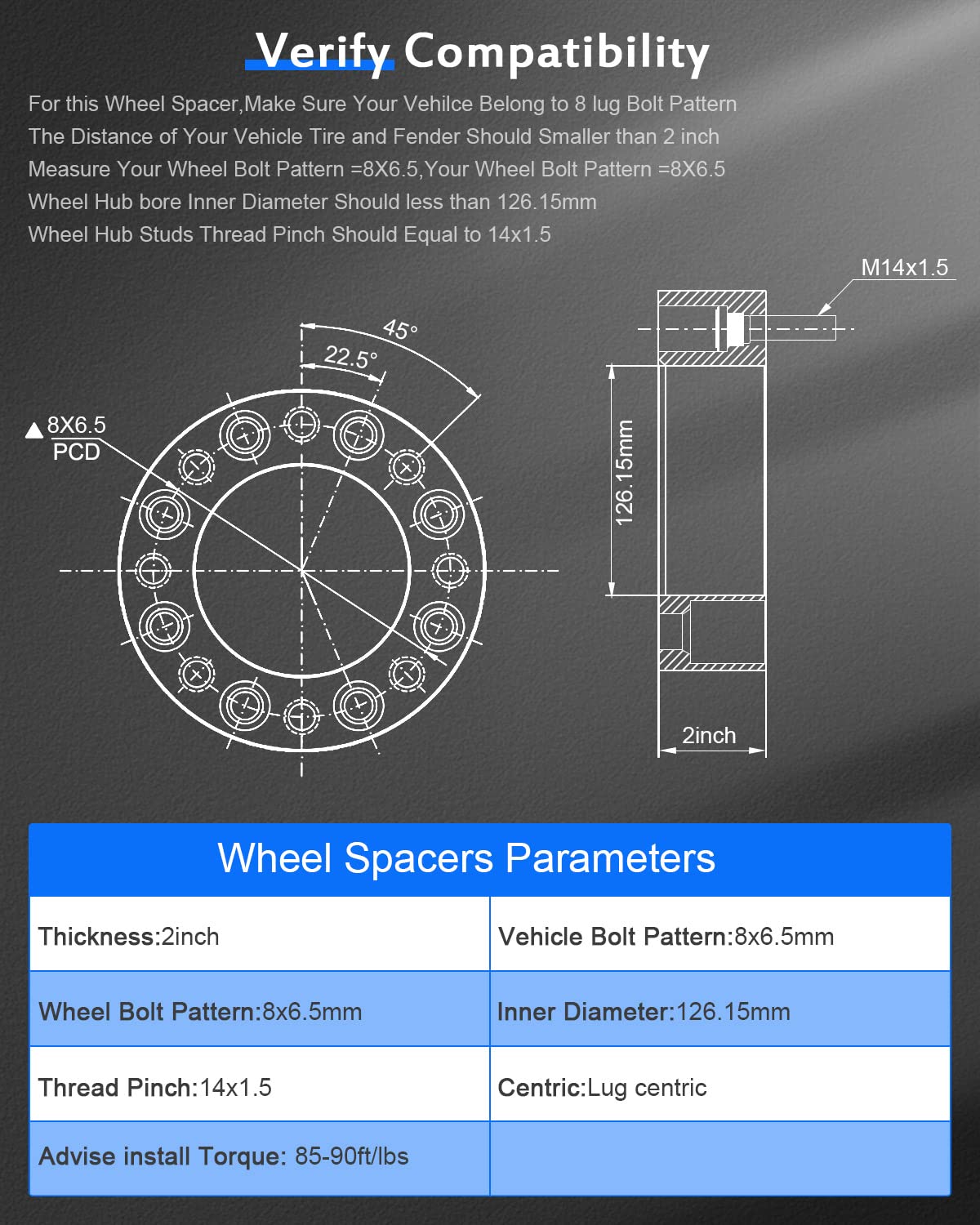 ECCPP 2PCS 2 inch 8x165.1mm Wheel Spacers Adapter 8 Lug 8x6.5 to 8x6.5 126.15mm 14x1.5 Compatible with for Silverado 2500 HD 200