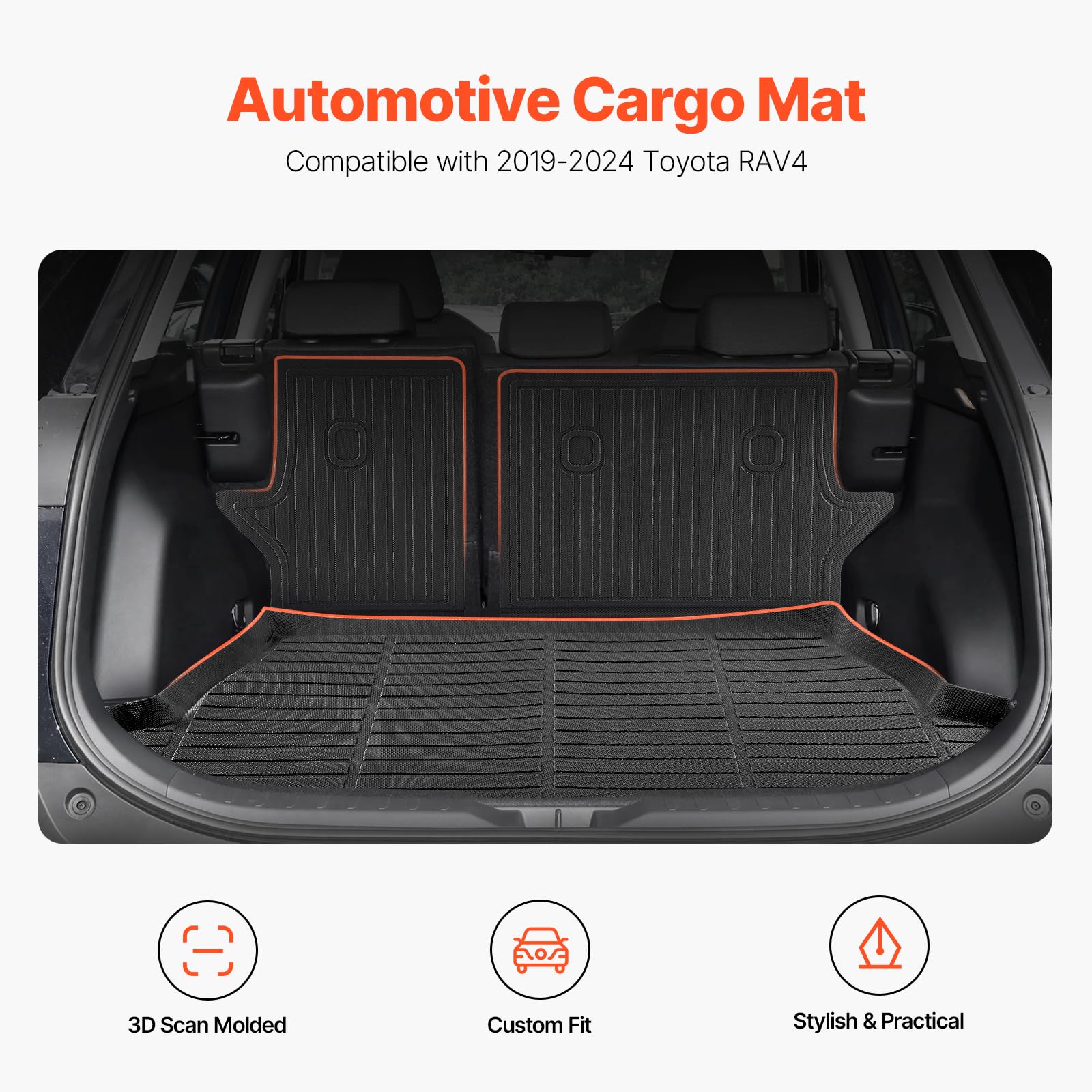 VEVOR Cargo Mats Compatible with Toyota RAV4 2019-2024, Custom Fit TPE Cargo Liner Set for SUVs, Trunk and Rear Back Seat Protec