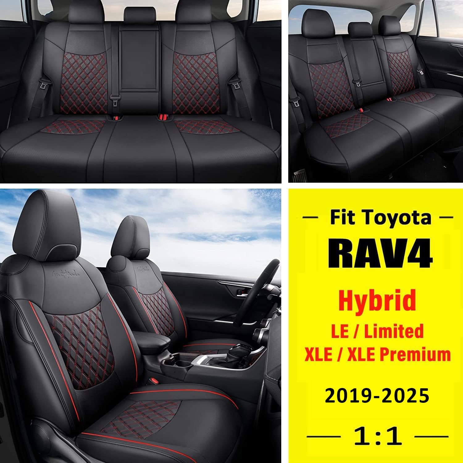 Giant Panda Pu Leather Car Seat Covers - Full Set Custom Fit For Toyota Rav4 (Le/Hybrid/Xle/Xle Premium/2019-2025) - Black+Red