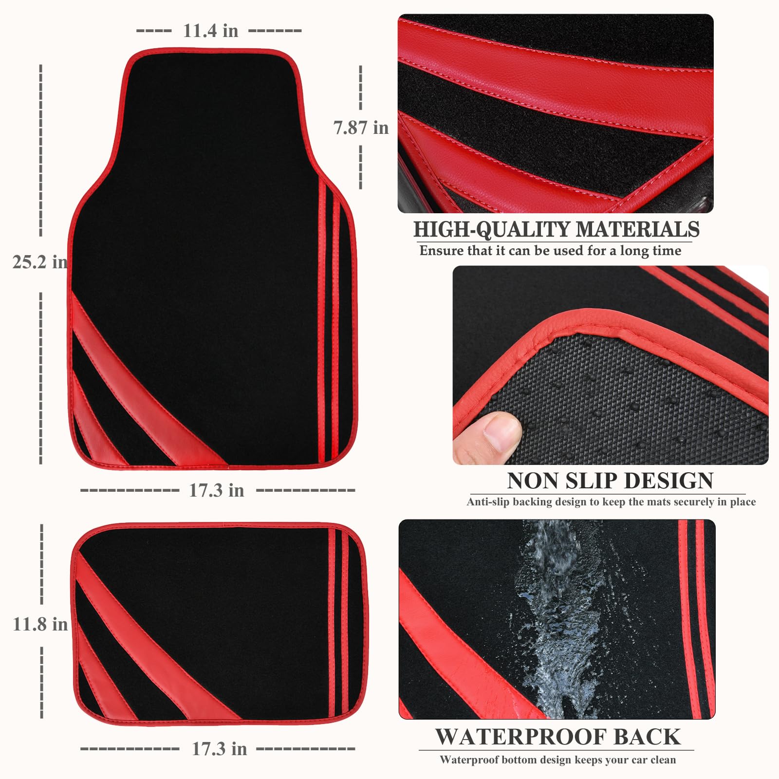 Car Pass Red Edge Leather Car Floor Mats, Universal Waterproof Car Mats With Double Stitch Line And Anti-Slip Backing Design, Fo