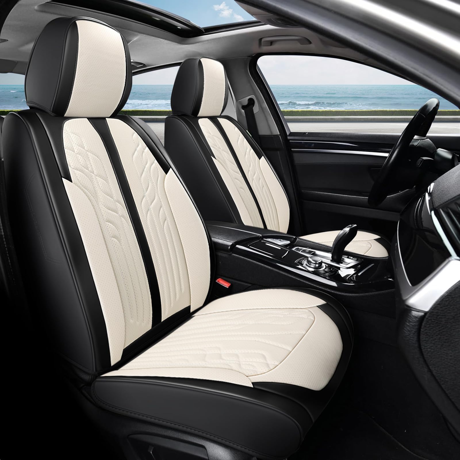 Ttmiku Leather Car Seat Covers, Waterproof And Breathable Automotive Seat Covers, Luxury Car Seat Covers For Most Cars Suv Truck Sedan, Universal Anti-Slip Seat Cover (Full Set, Milk White+Black)