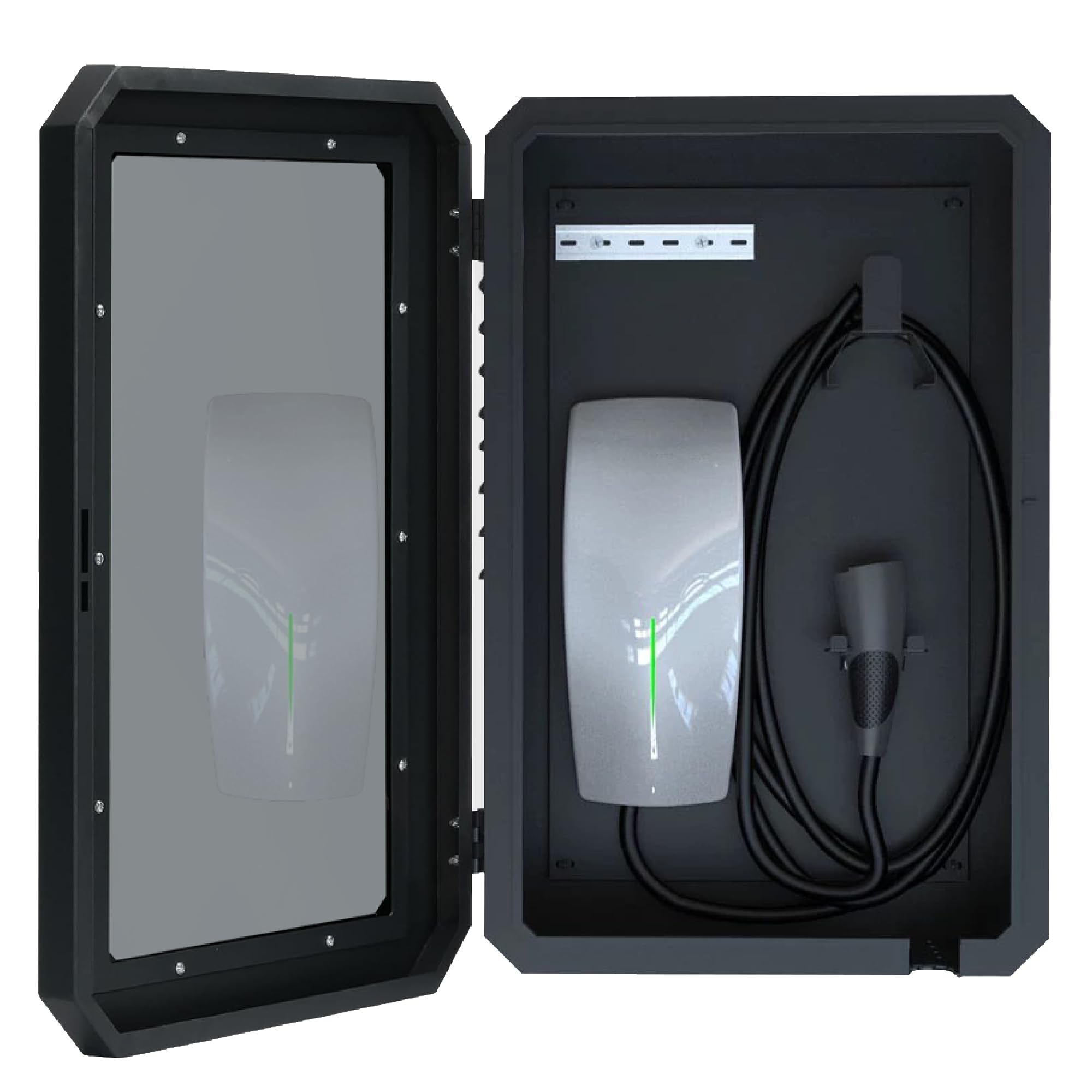 EV Charger Outdoor Enclosure, Charger Station Box for Tesla Wall Charger, Cable Cord Holder Lock Box, Tempered Glass Front Panel