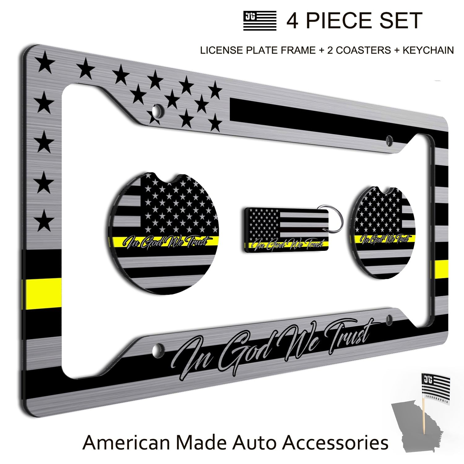 American Flag In God We Trust License Plate Frame + Silver Line Coasters + Keychain - Perfect For God And Country Lovers - Tacti