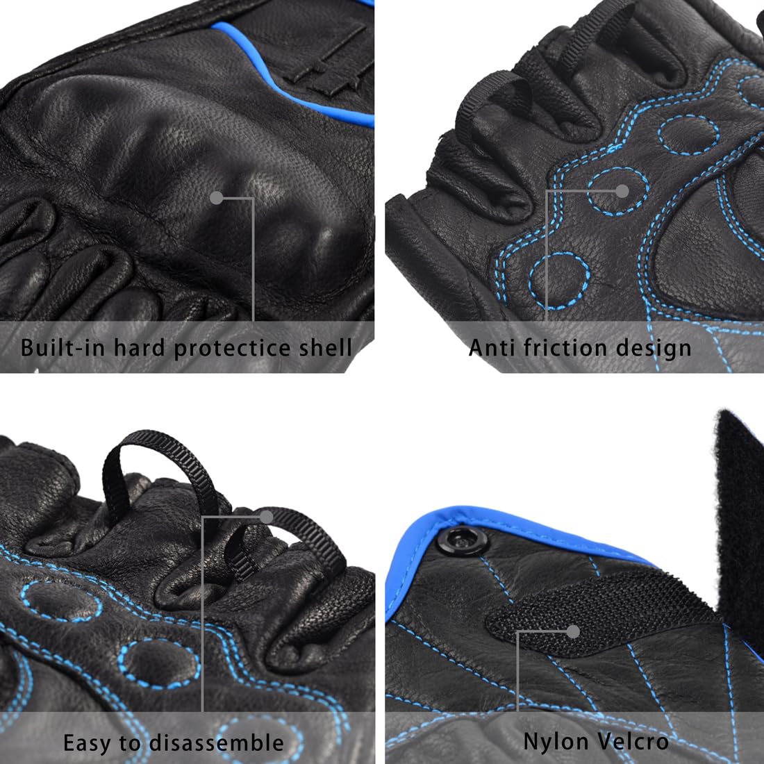 Harssidanzar Fingerless Motorcycle Gloves For Mens Leather Riding Driving Half Finger Gloves Gm037, Black/Blue, Size Medium