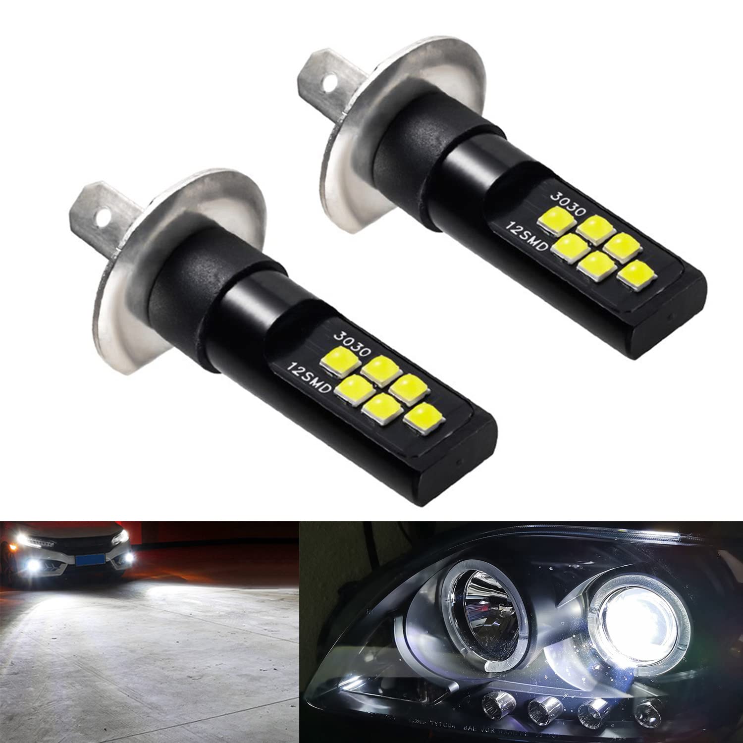 SOCAL-LED LIGHTING 2x H1 LED Fog Light Bulb for Powersports Advanced 3030 SMD Bright Colorful Daytime Running DRL Lamp, Cool Whi