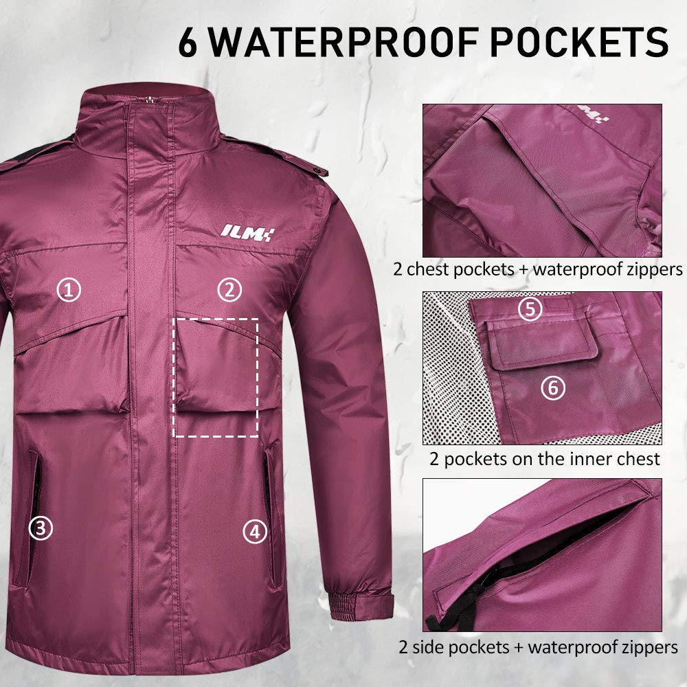 Ilm Motorcycle Rain Suit For Women Waterproof Wear Resistant Protective Rain Gear 6 Pockets 2 Piece Set With Jacket And Pants Model Rs02-Women (Women'S Small, Wine Red)
