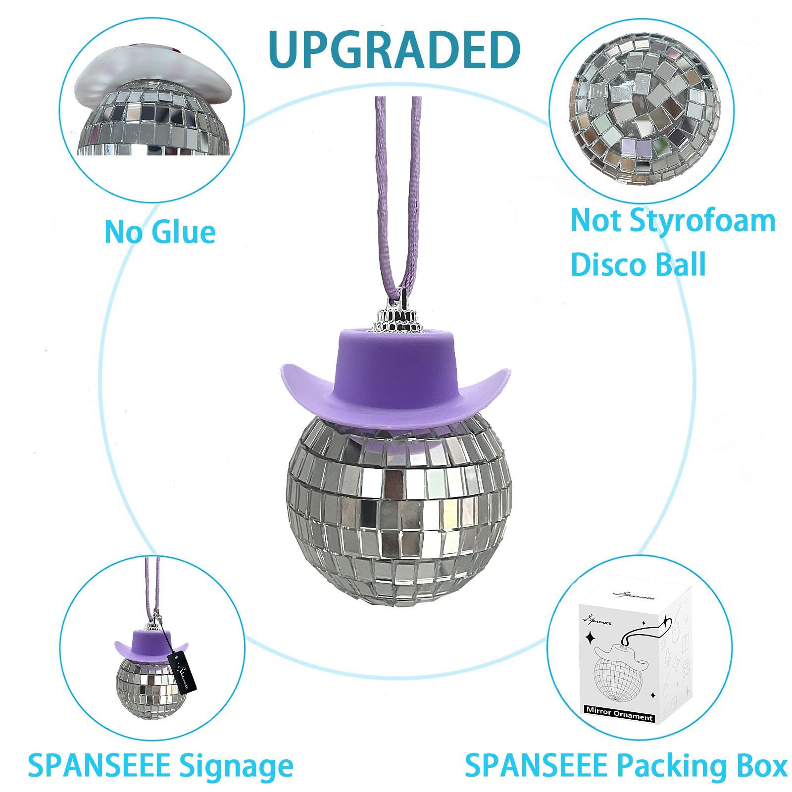 Spansee Purple Disco Ball With Cowboy Hat Car Charm, Rear View Mirror Accessory