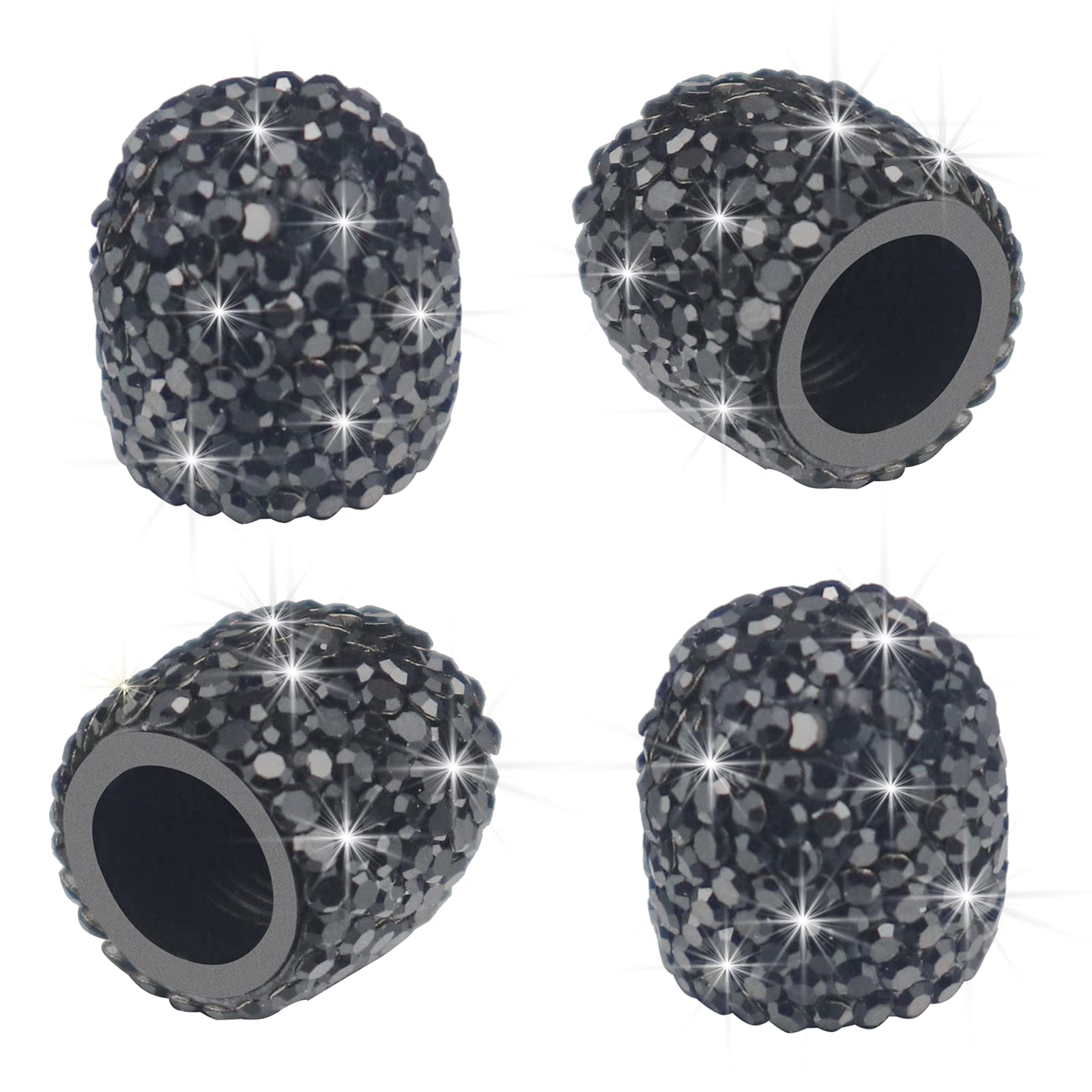 Sikawai Black Bling Valve Stem Caps - Handmade Crystal Rhinestone, Universal Car/Bike Accessories, Dustproof Chrome Finish