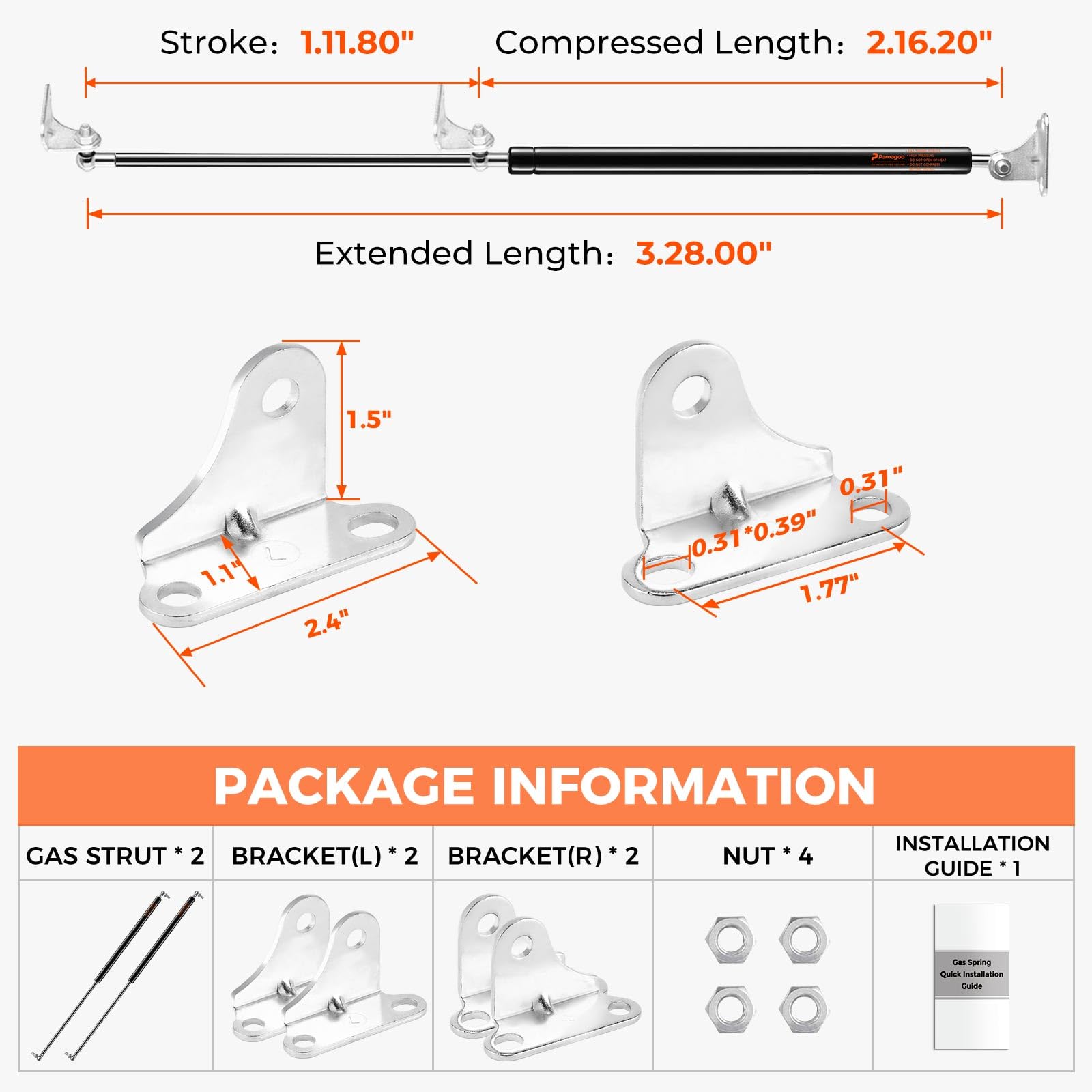 Pamagoo 28 Inch Gas Strut Spring 250 Lbs Per Prop, 28'''' Gas Shock Spring With L-Type Mounts Strut For Heavy Bench Lid Basement