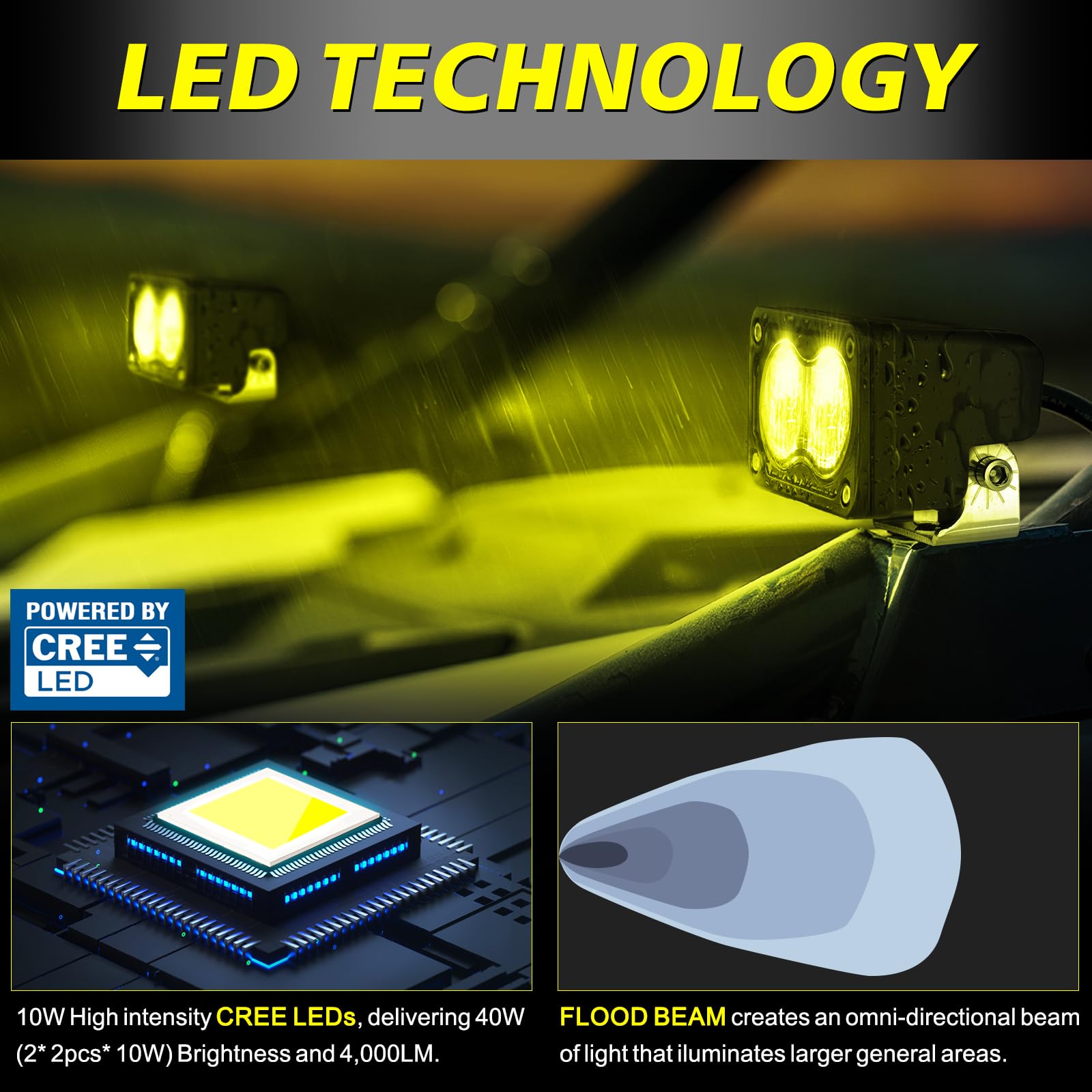 Akd Part Yellow Led Pods, 3 Inch Flood Cree Led Fog Lights 40W Yellow Small Chase Pod Lights Ditch Lights Off Road Driving Light