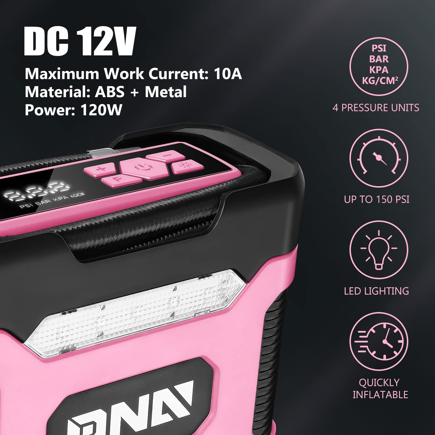 Dna Motoring Tools-00212 Pink 12V Dc Digital Tire Inflator Portable Air Compressor With Pressure Gauge For Cars, Bicycles, Motor