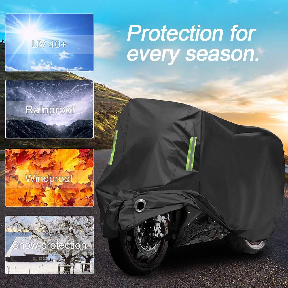 Motorcycle Cover All Season,Universal Weather Quality Waterproof Sun Outdoor Protection Scooter Shelter Tear Proof Night Reflective & Lock-Holes Storage Bag Fits Up To 105' Motorcycles Vehicle