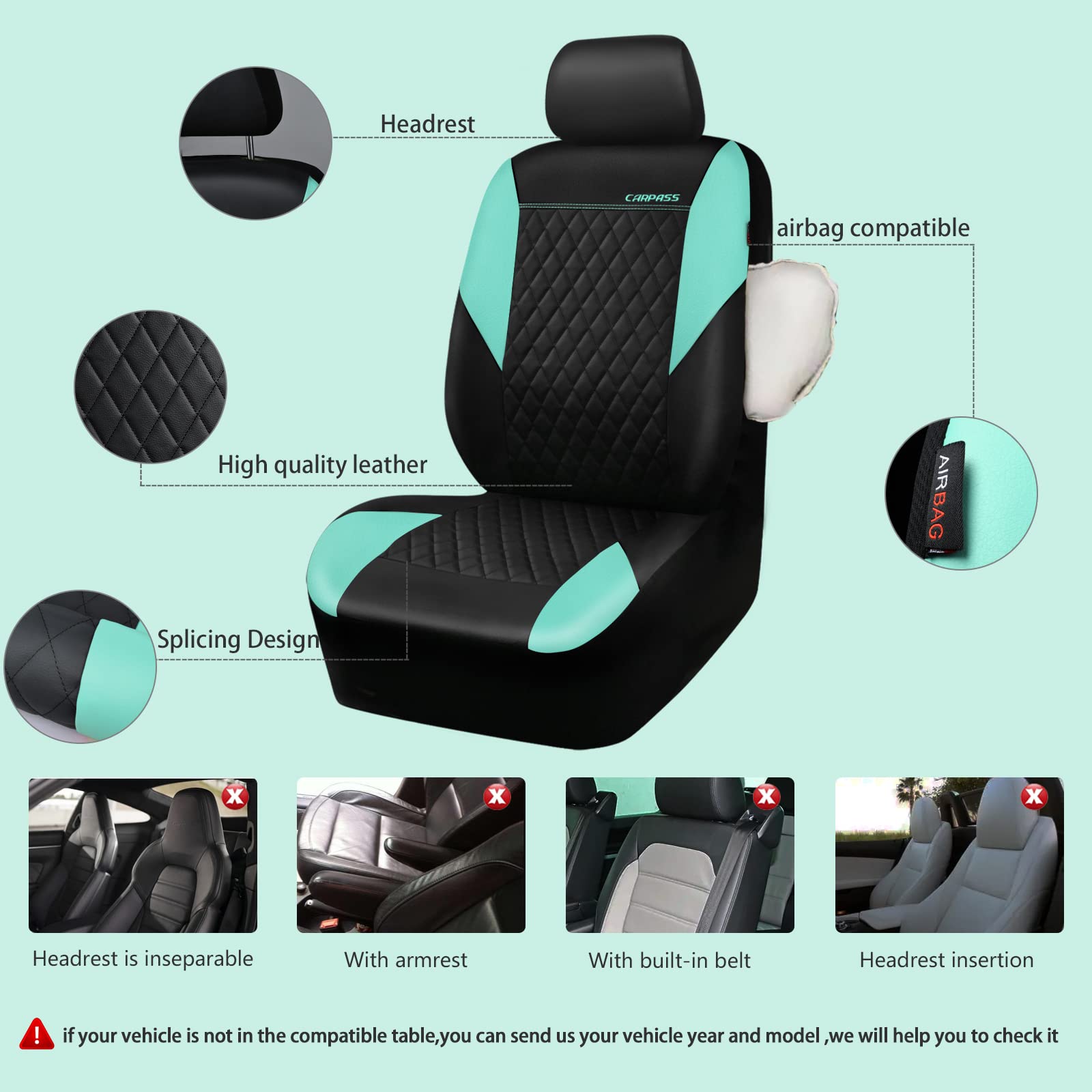 Car Pass Mint Leather Seat Covers Full Set-Universal Quilting Cute Girly Car Seat Cover With 5Mm Composite Sponge Inside,Airbag