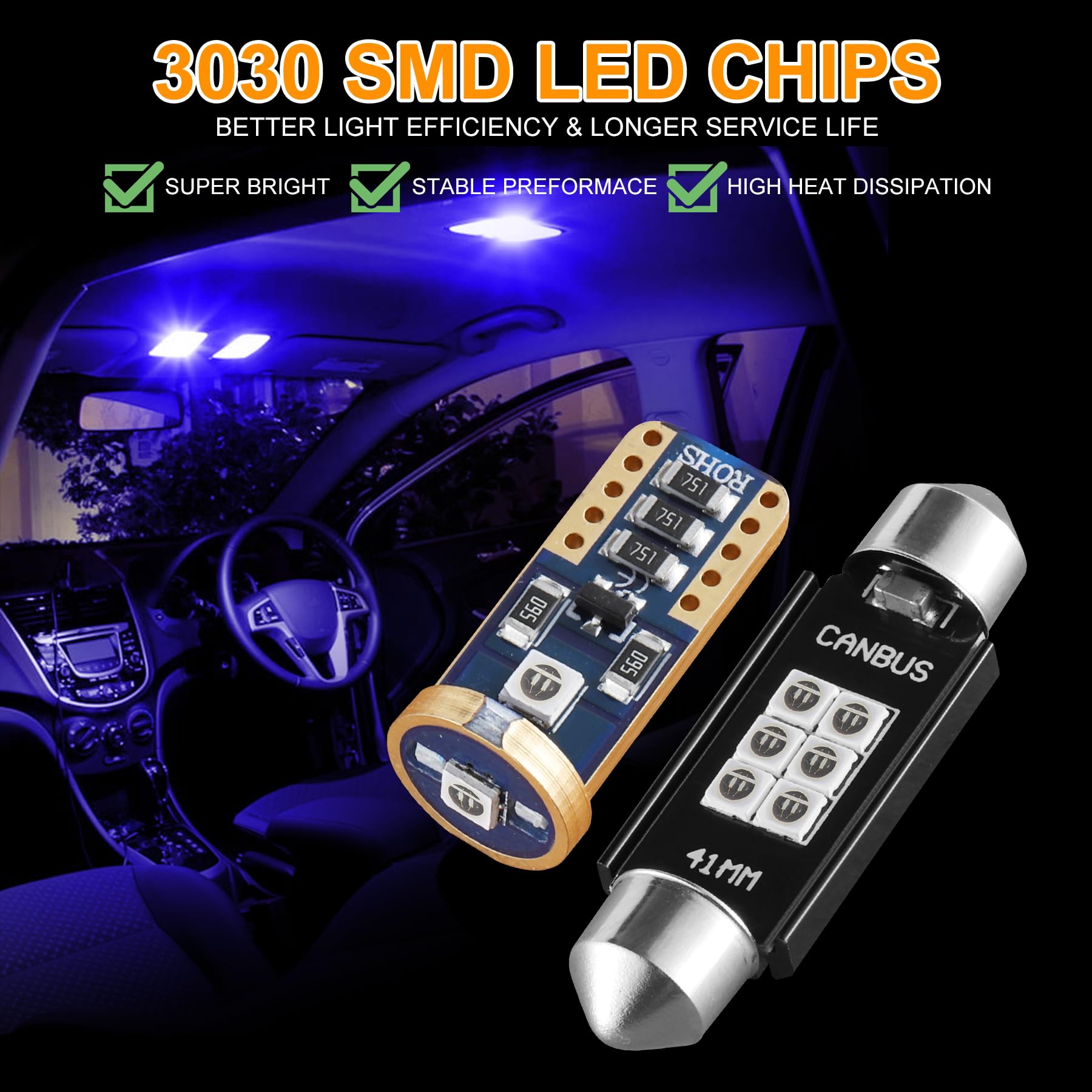 Ibrightstar 41Mm 211-2 212-2 578 194 168 T15 Led Bulbs 3030 Chipset Error Free For Car Truck Interiors Dome Map Door Courtesy License Plate Lights Pack Of 10, Blue