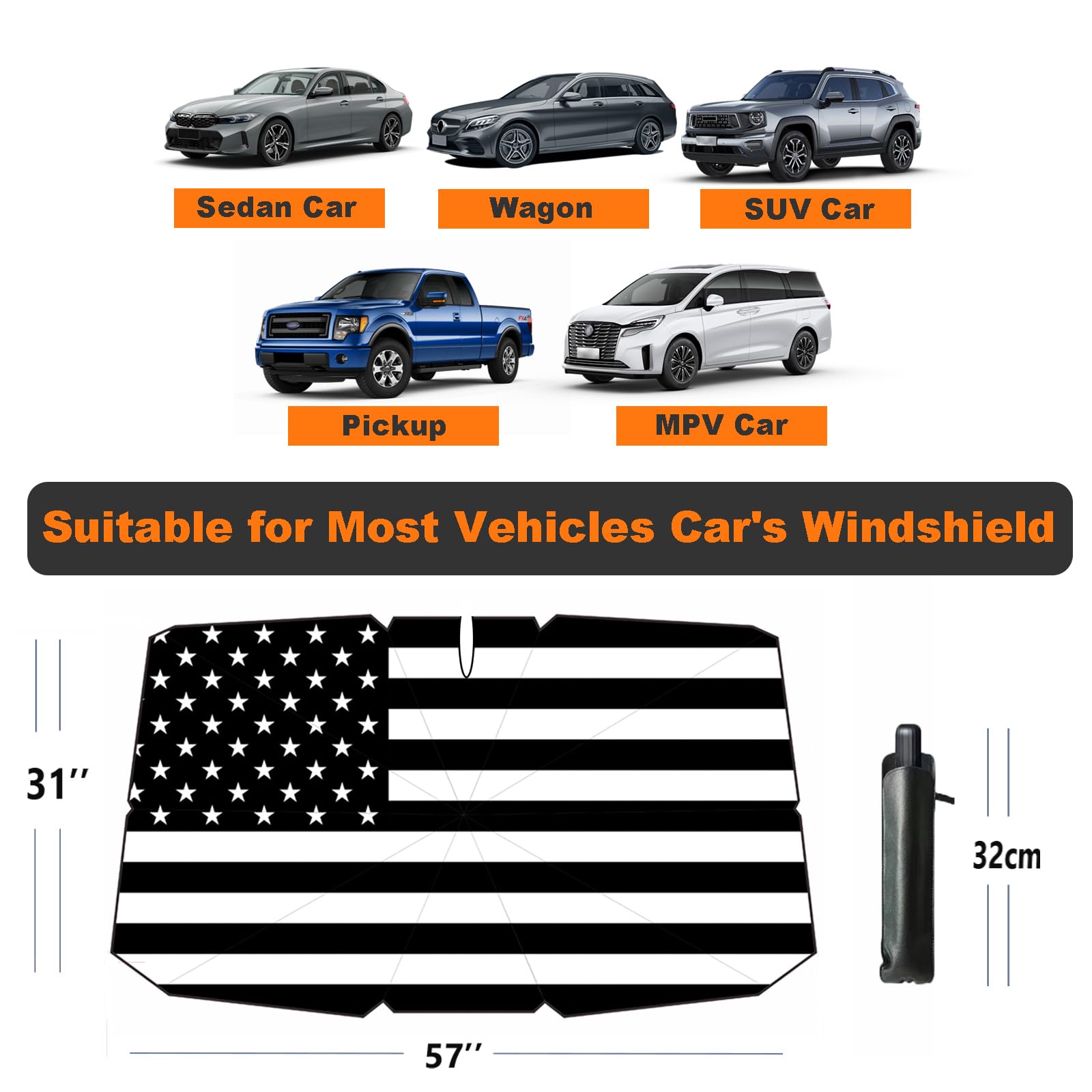 Coricha Windshield Sun Shade American Flag Umbrella Car Sun Shade Windshield- USA Patriotic Design Foldable Car Front Window Sun