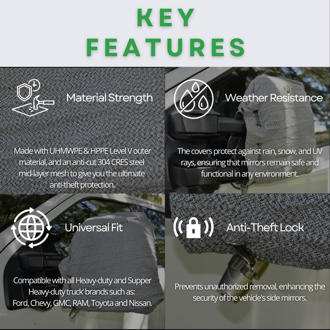 New & Improved Prokevlock Vehicle Side Mirror Covers Set With Anti-Theft Lock, Uhmwpe, Hppe, 304 Cres Steel Mesh, Fits All Vehic